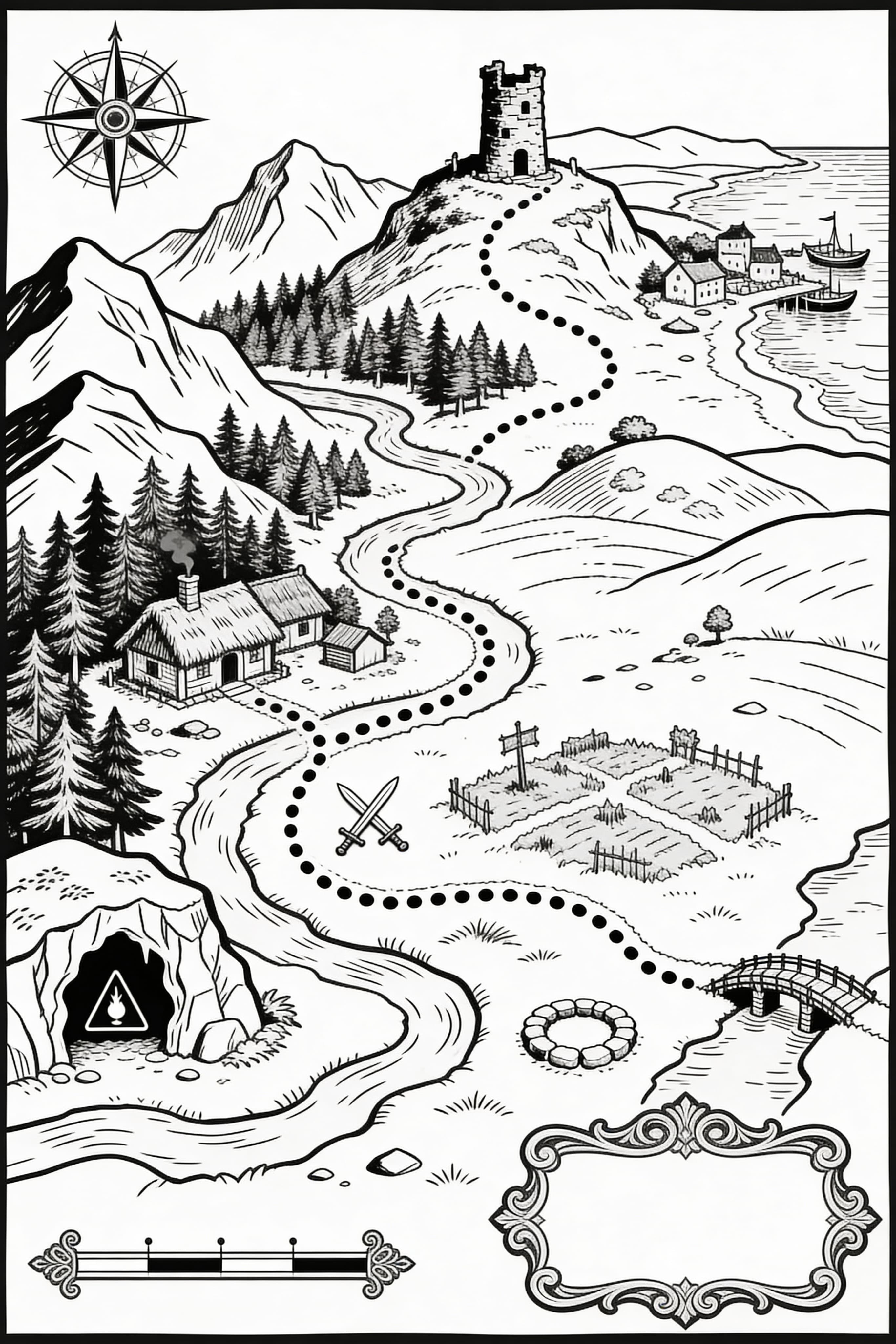 Free printable RPG map of a hand-drawn RPG map with varied fantasy landscapes.