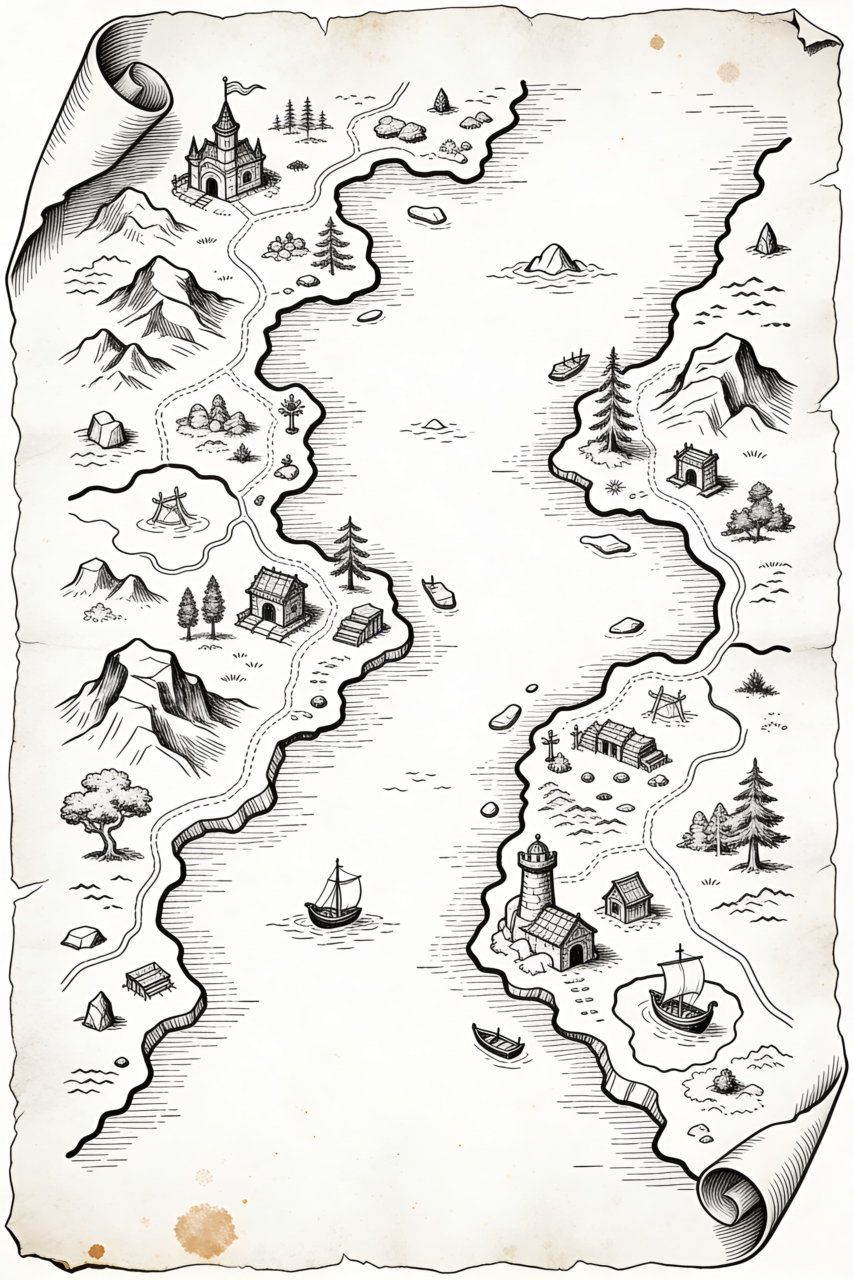 Top-down fantasy RPG map on aged parchment with inked landmarks