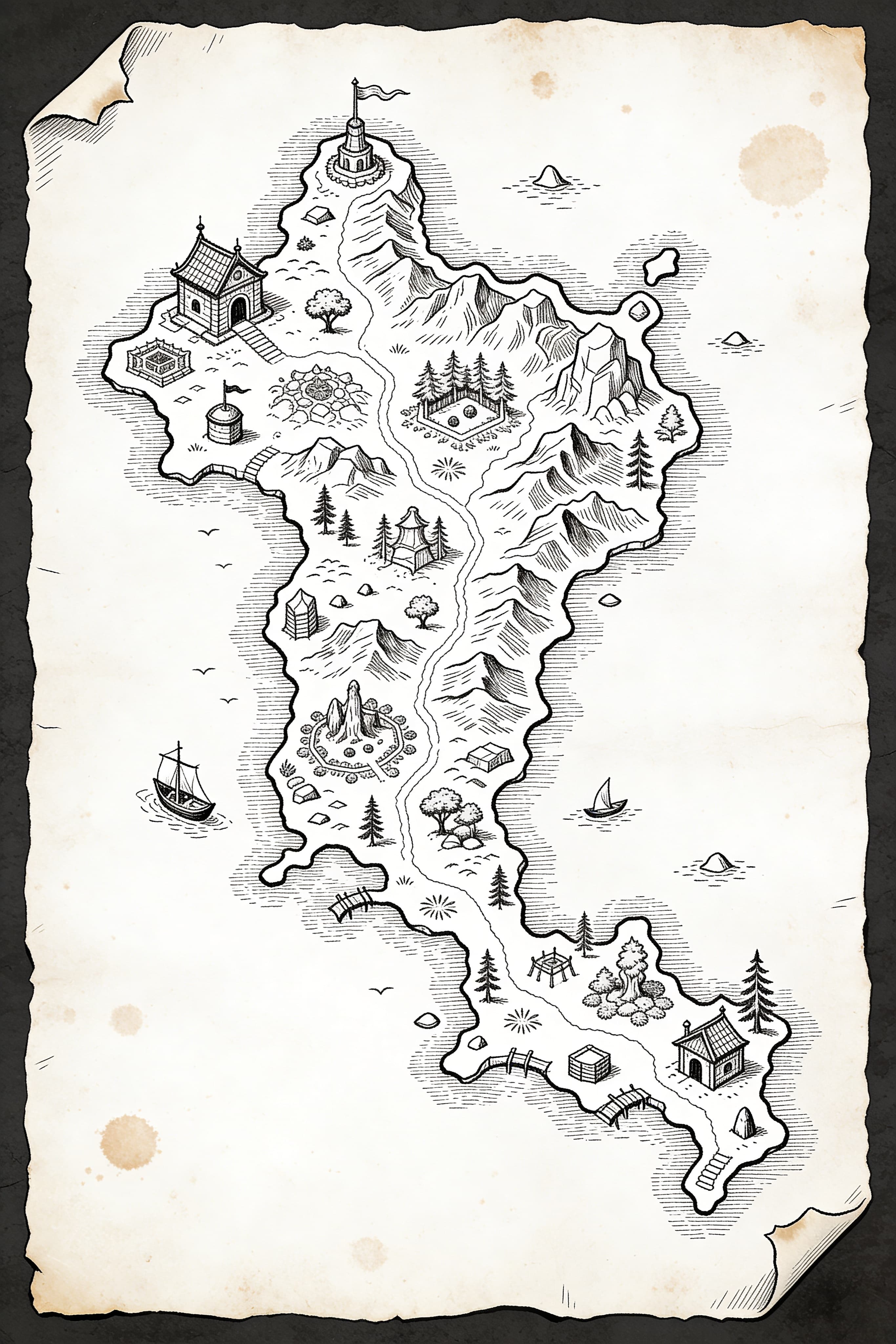 Realistic fantasy RPG map with hand-drawn landmarks on aged parchment