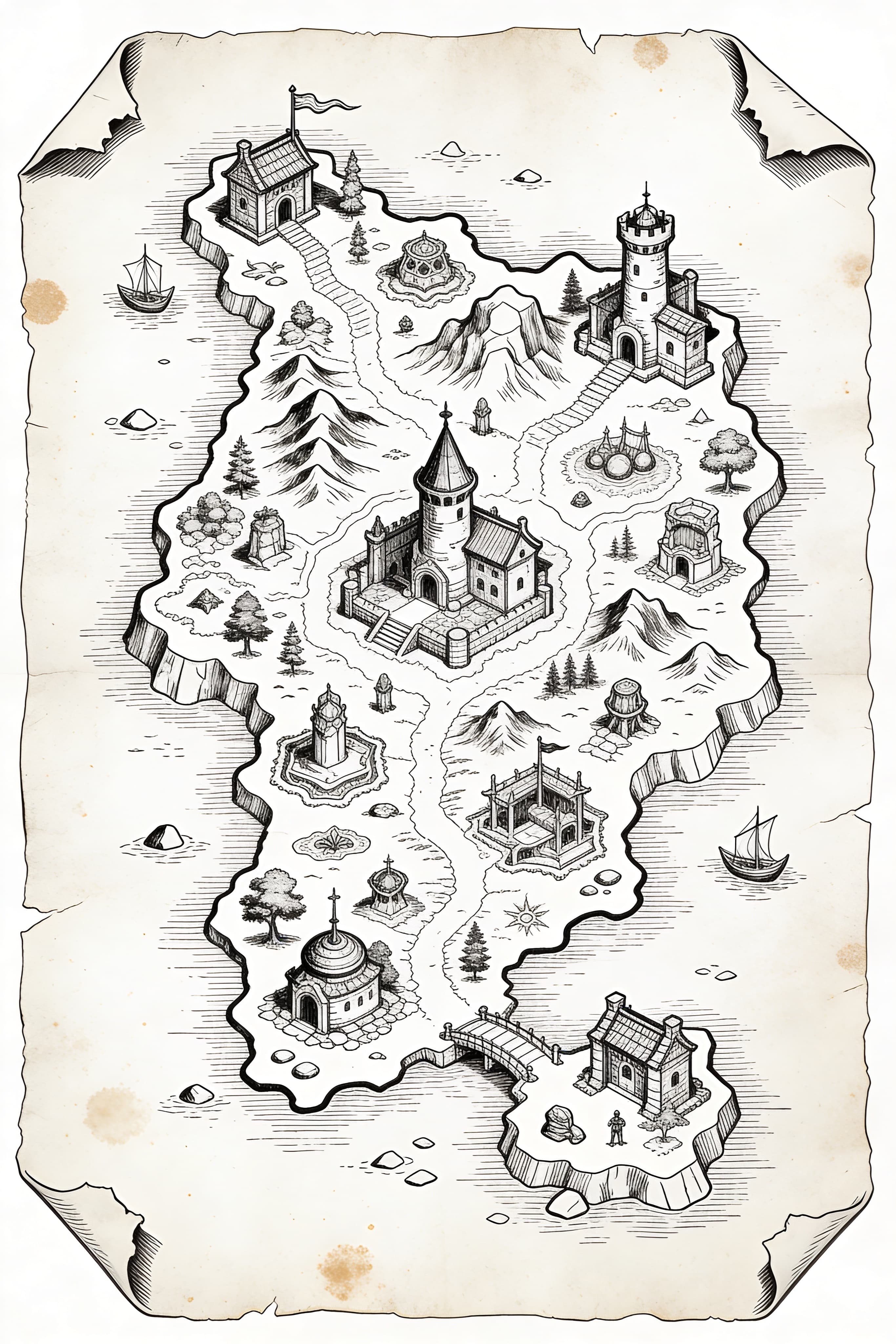 A top-down fantasy RPG map as a hand-drawn chart on aged parchment