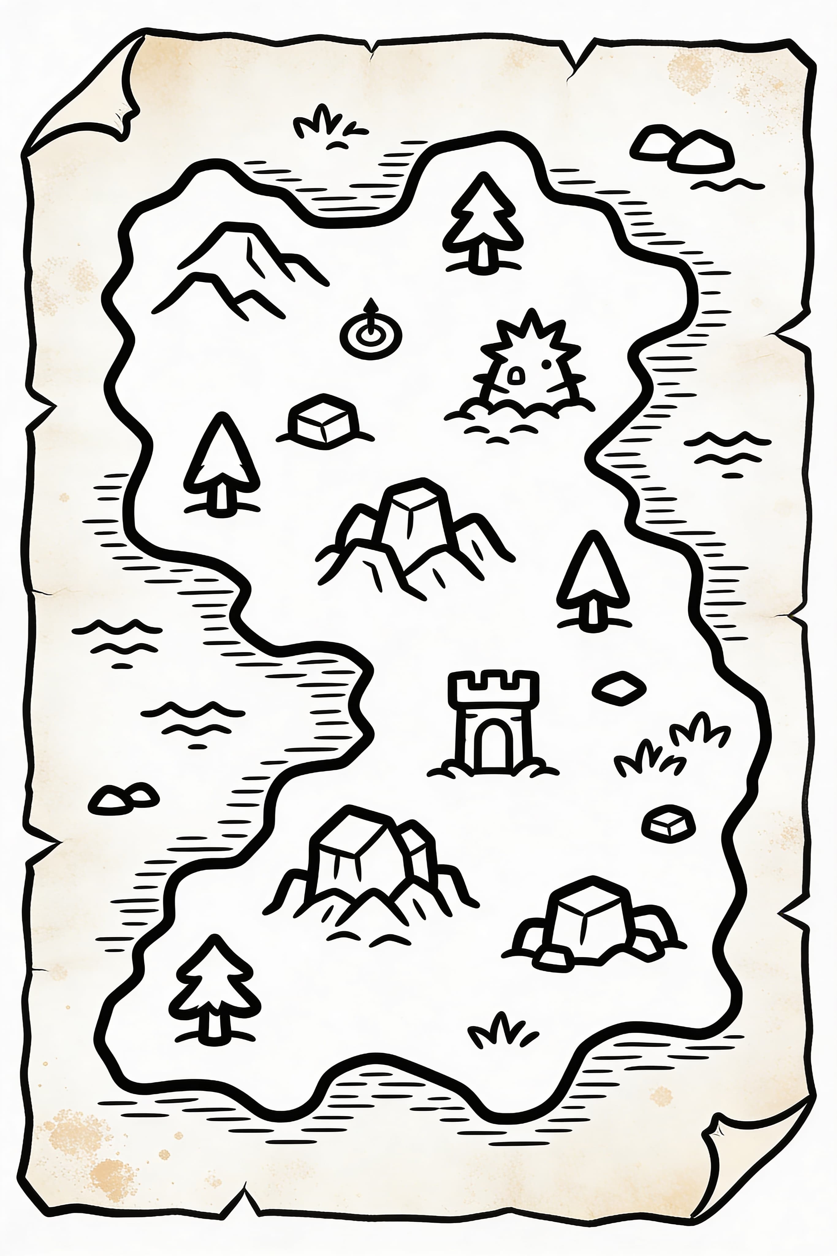 Hand-drawn fantasy tabletop RPG map on aged parchment for coloring