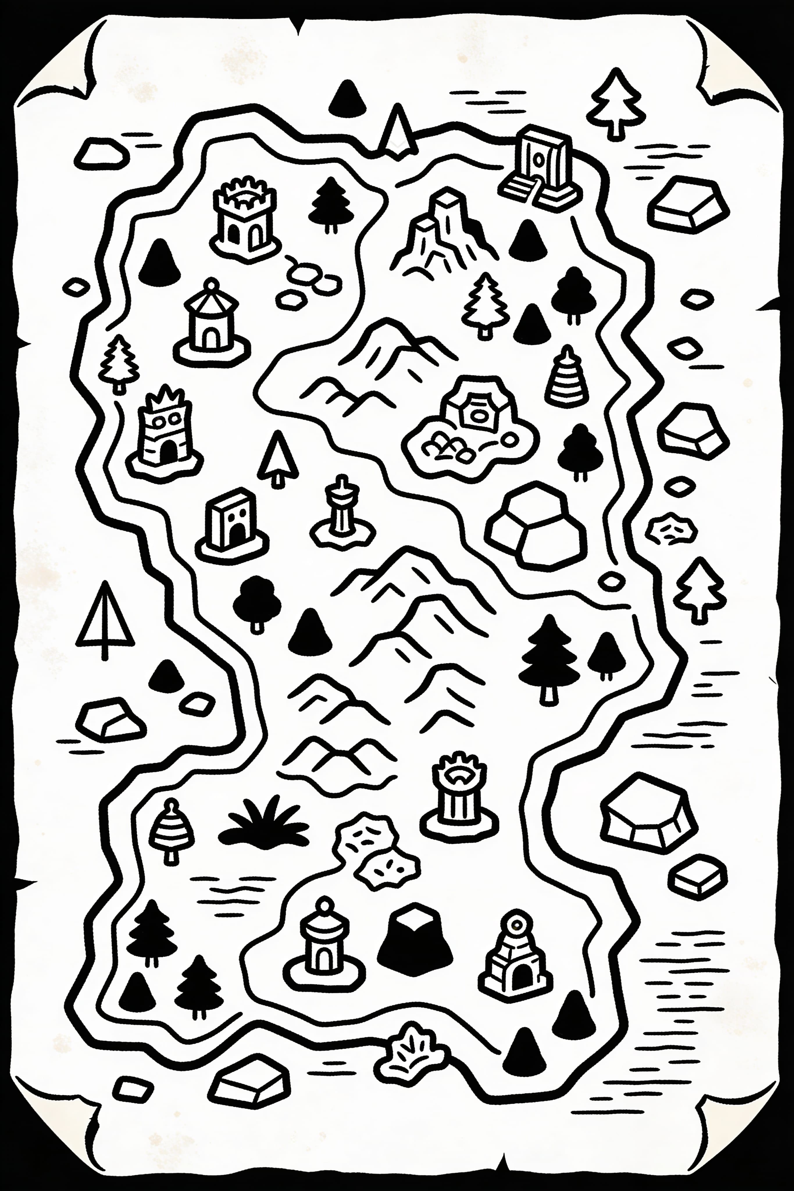 Hand-drawn fantasy RPG map on aged parchment with landmarks