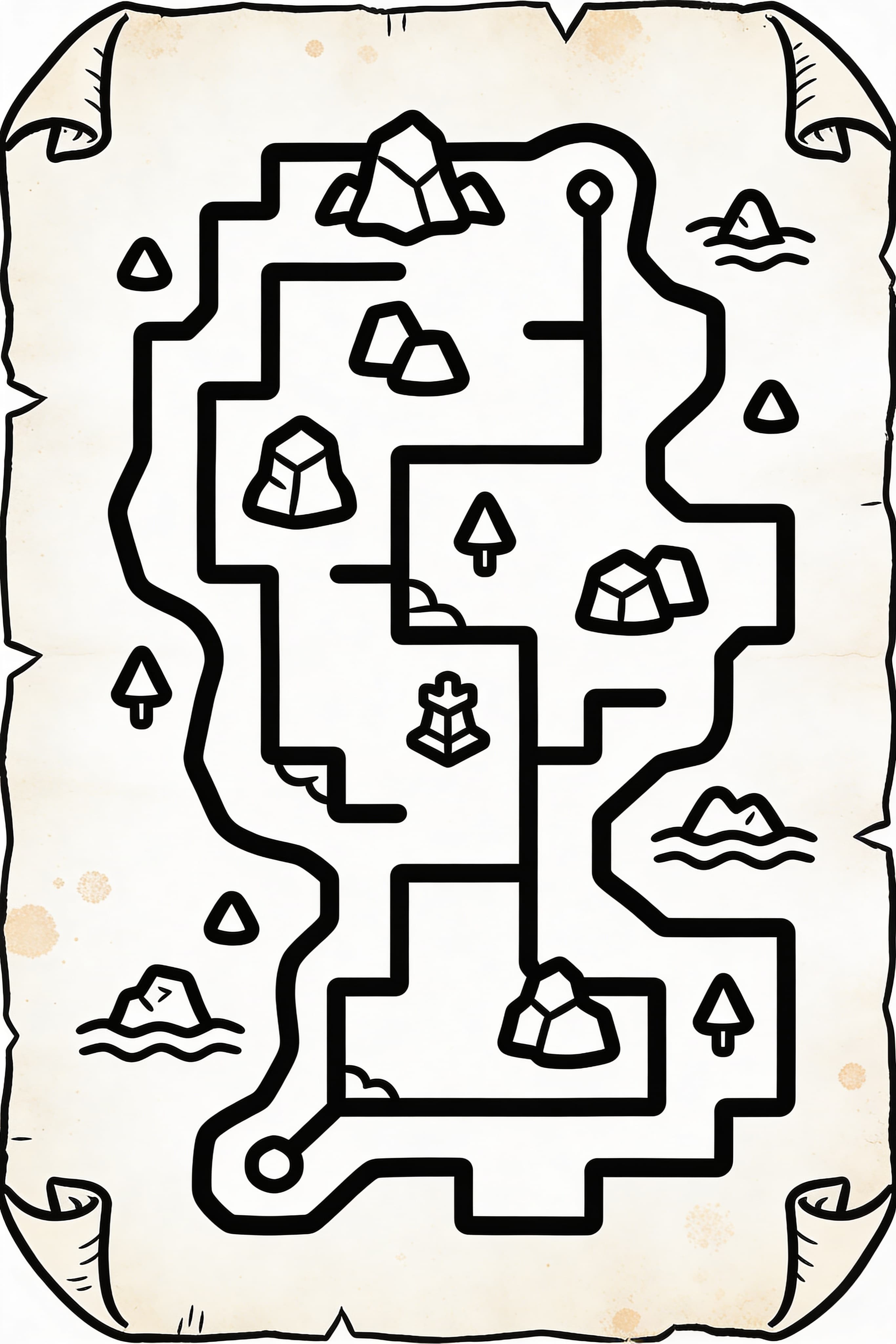 Top-down fantasy RPG map on aged parchment with landmarks