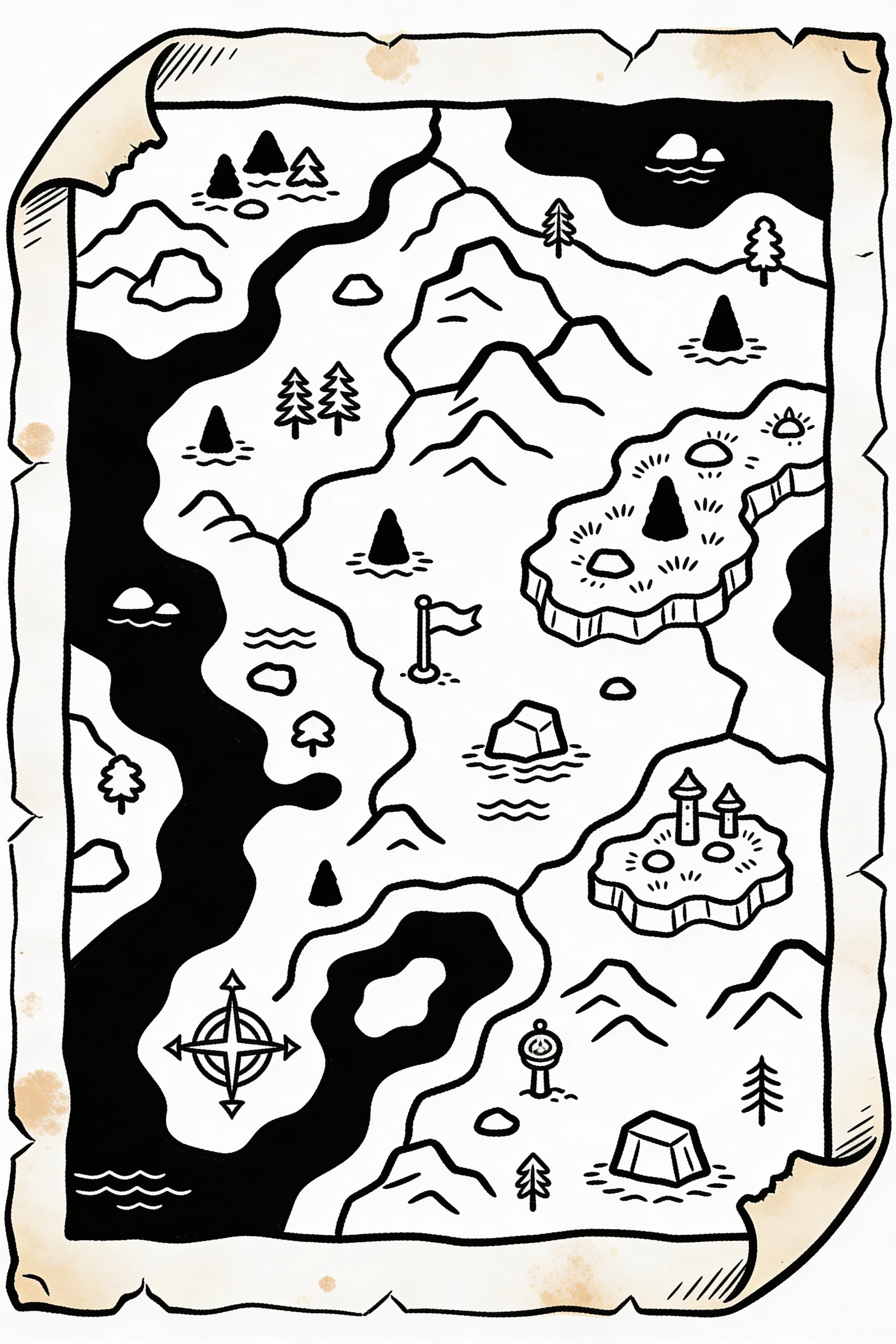A hand-drawn fantasy RPG map on aged parchment with inked landmarks