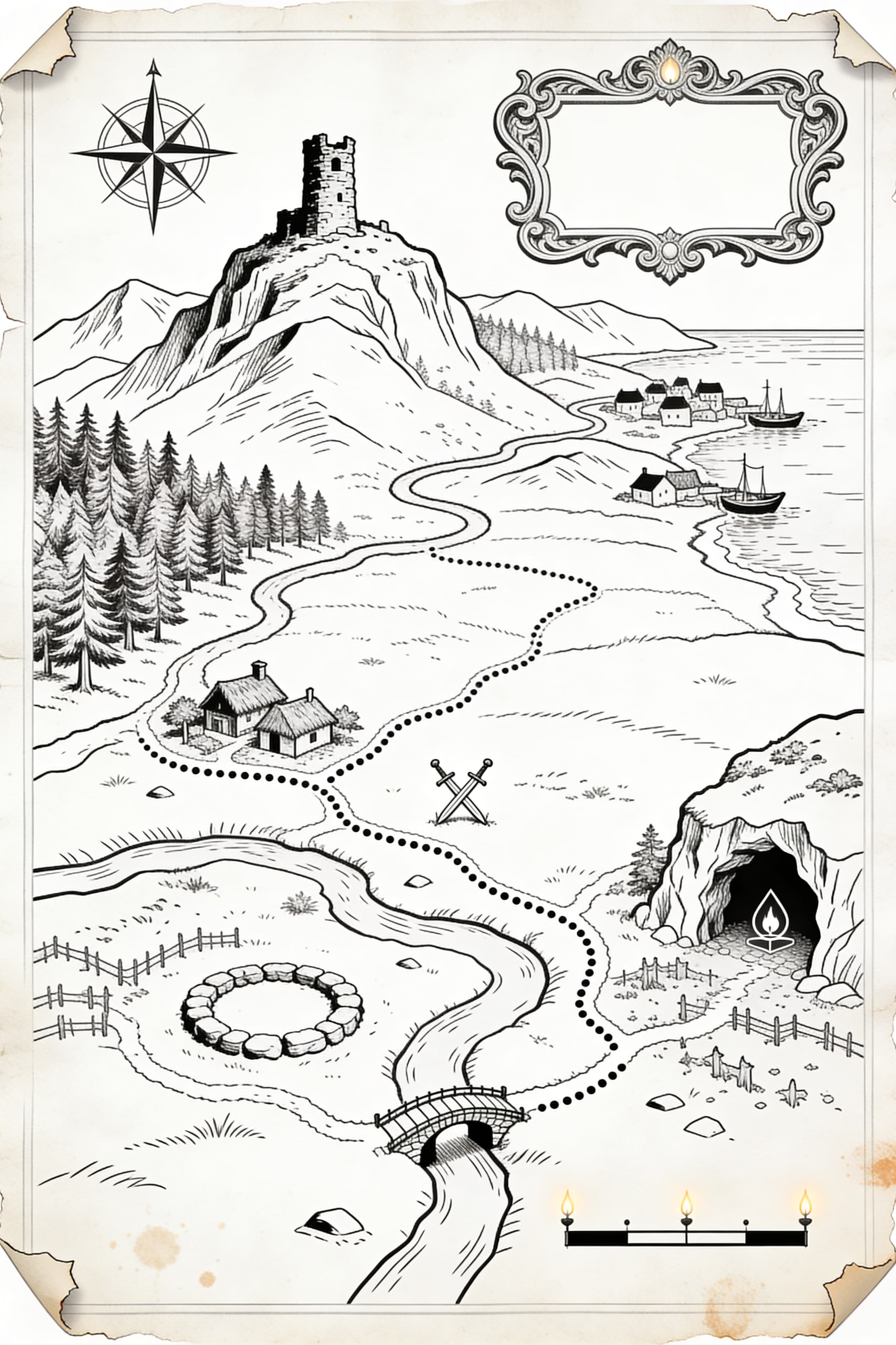 Hand-drawn fantasy RPG map RPG map with vintage parchment style