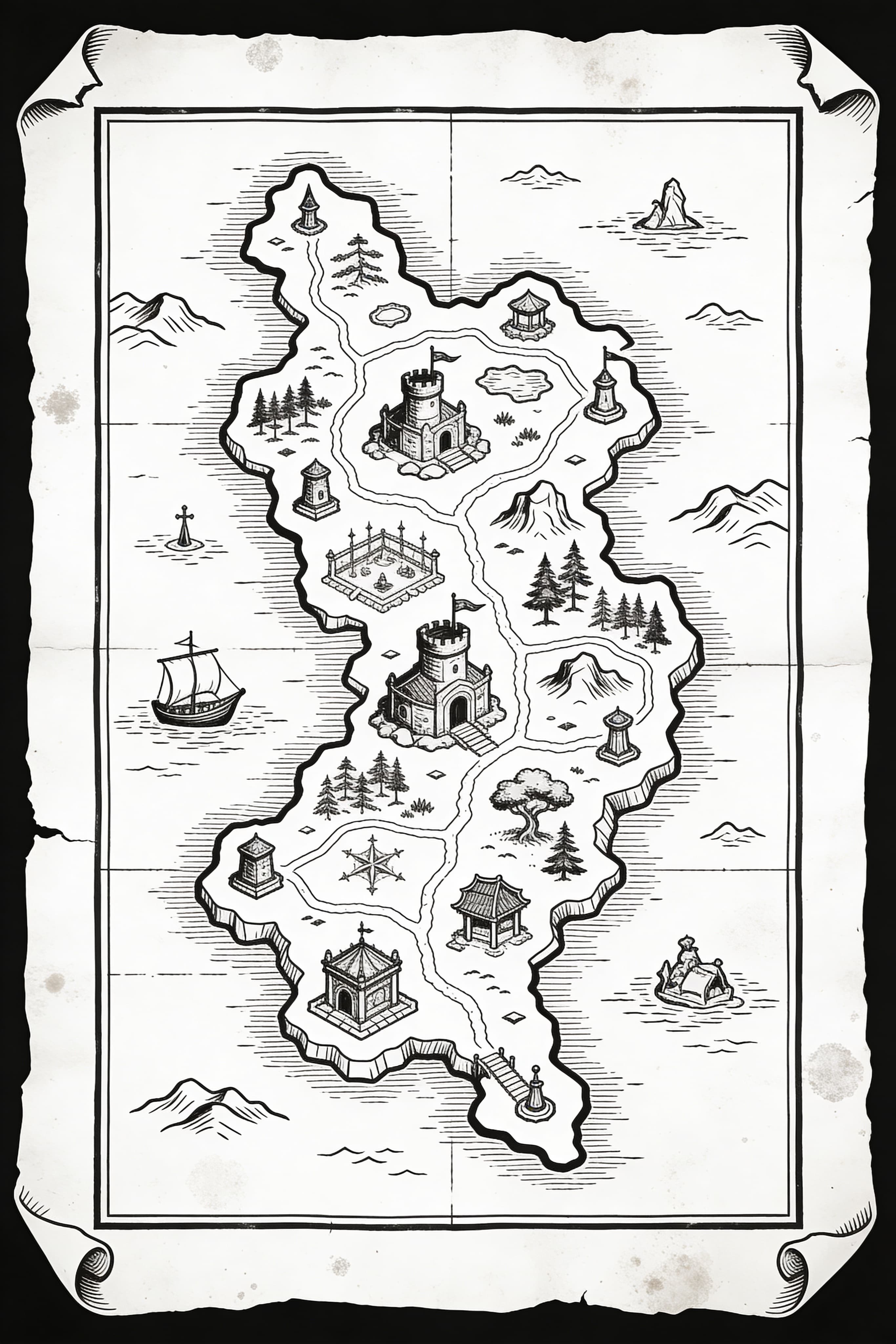 Hand-drawn fantasy RPG map on aged parchment with landmarks