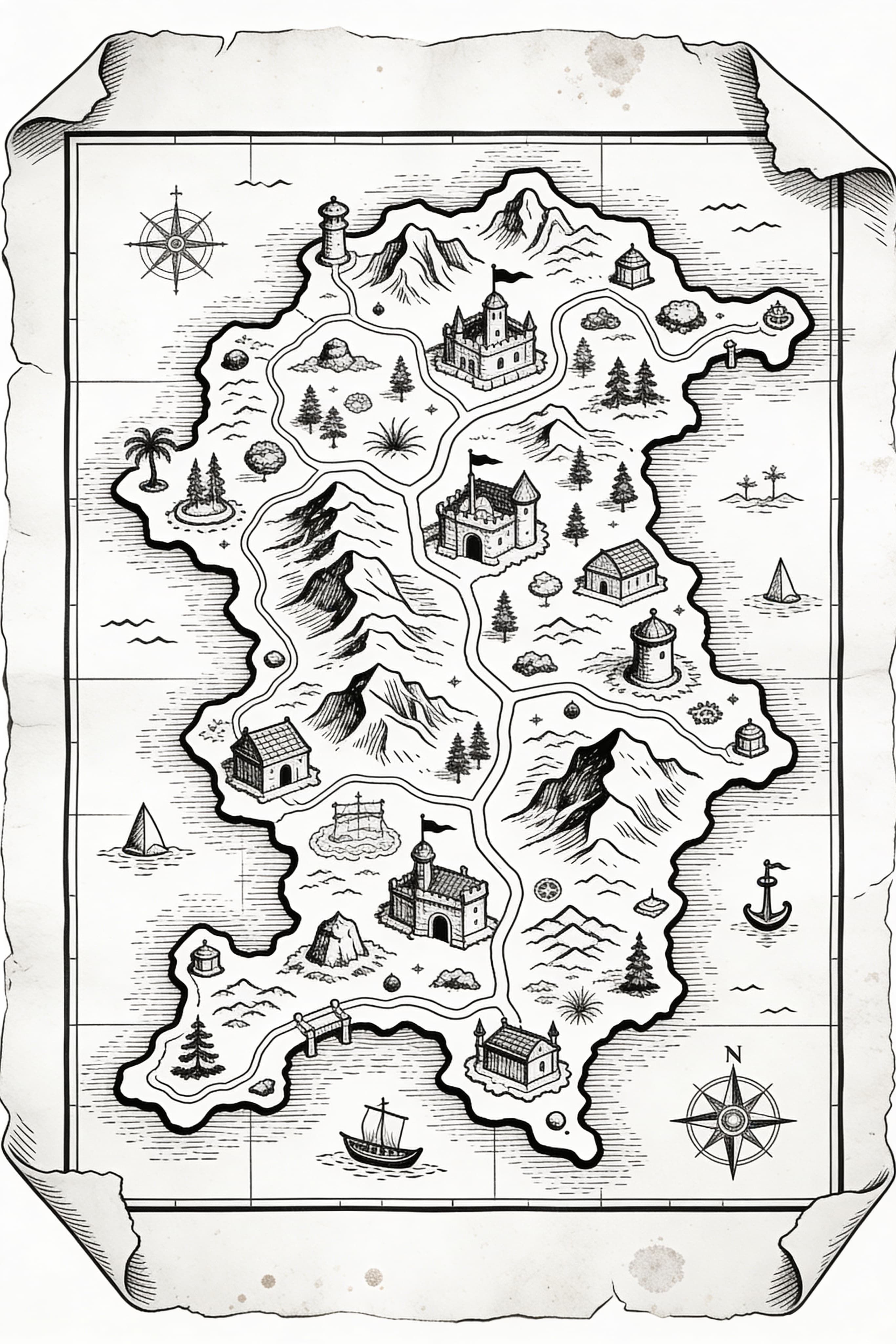 Hand-drawn vintage RPG map on aged parchment with landmarks