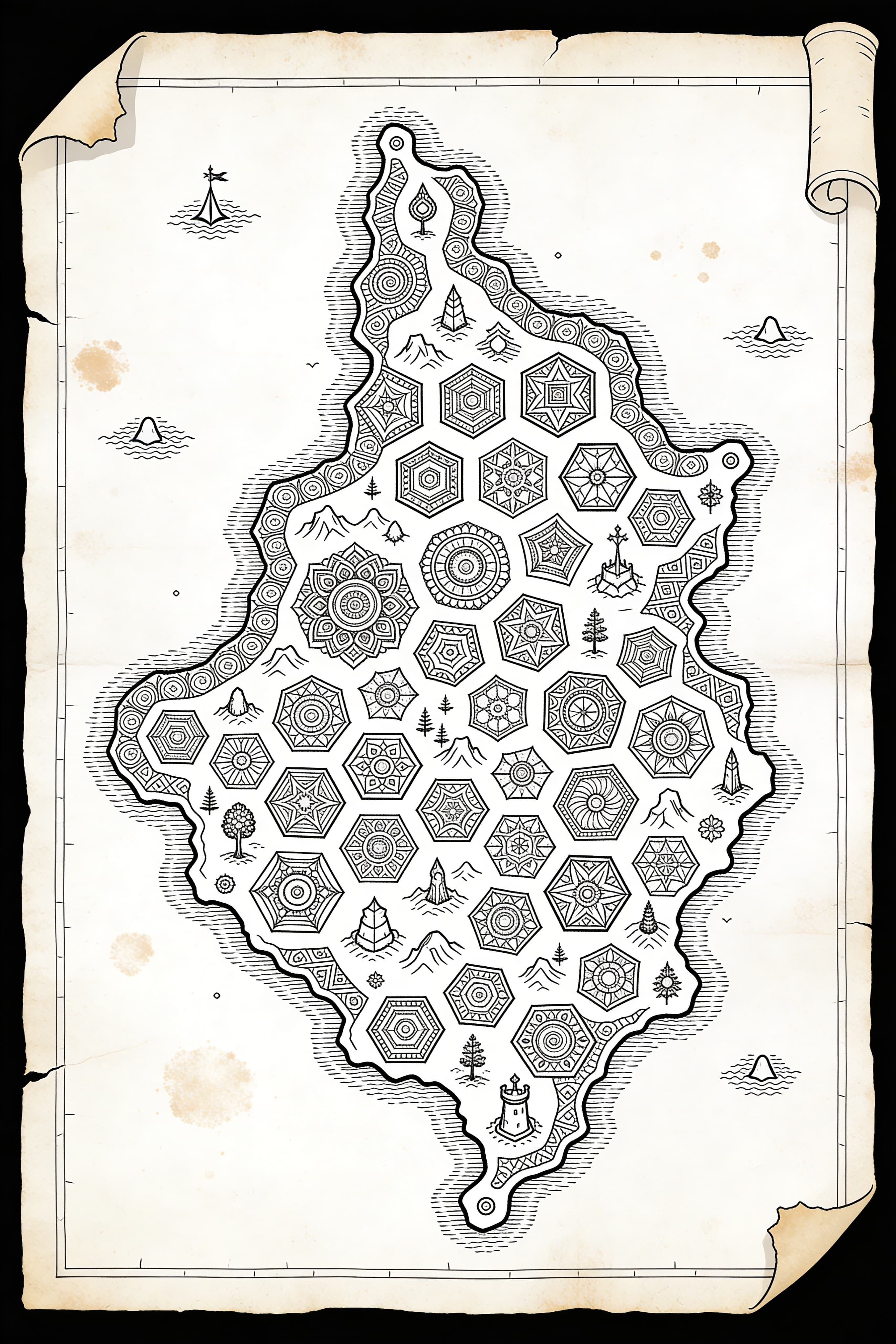 Zentangle style fantasy RPG map with hand-inked landmarks on parchment