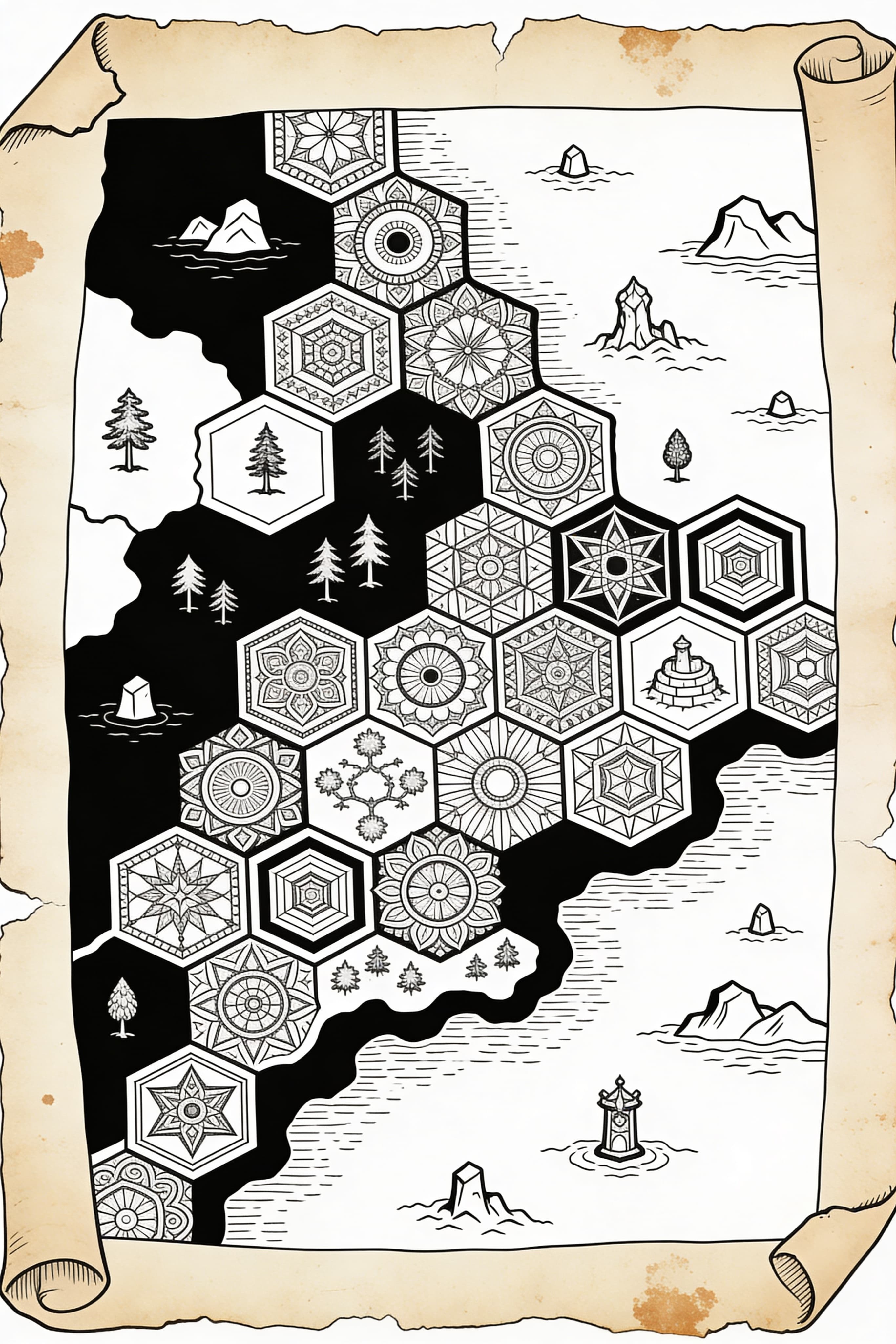 Top-down fantasy RPG map in Zentangle style on aged parchment.