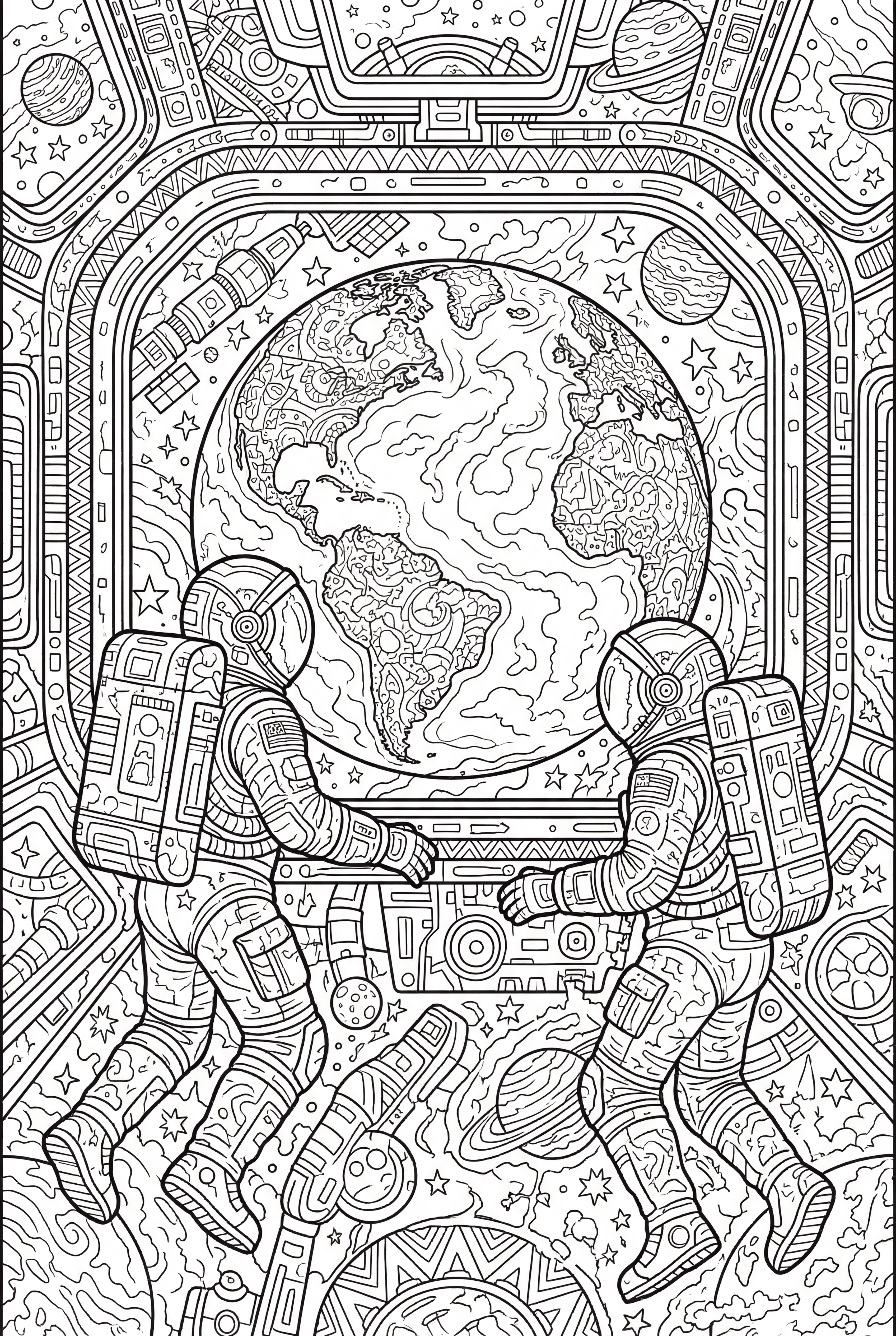 Astronauts Seeing Earth from Space Coloring Page
