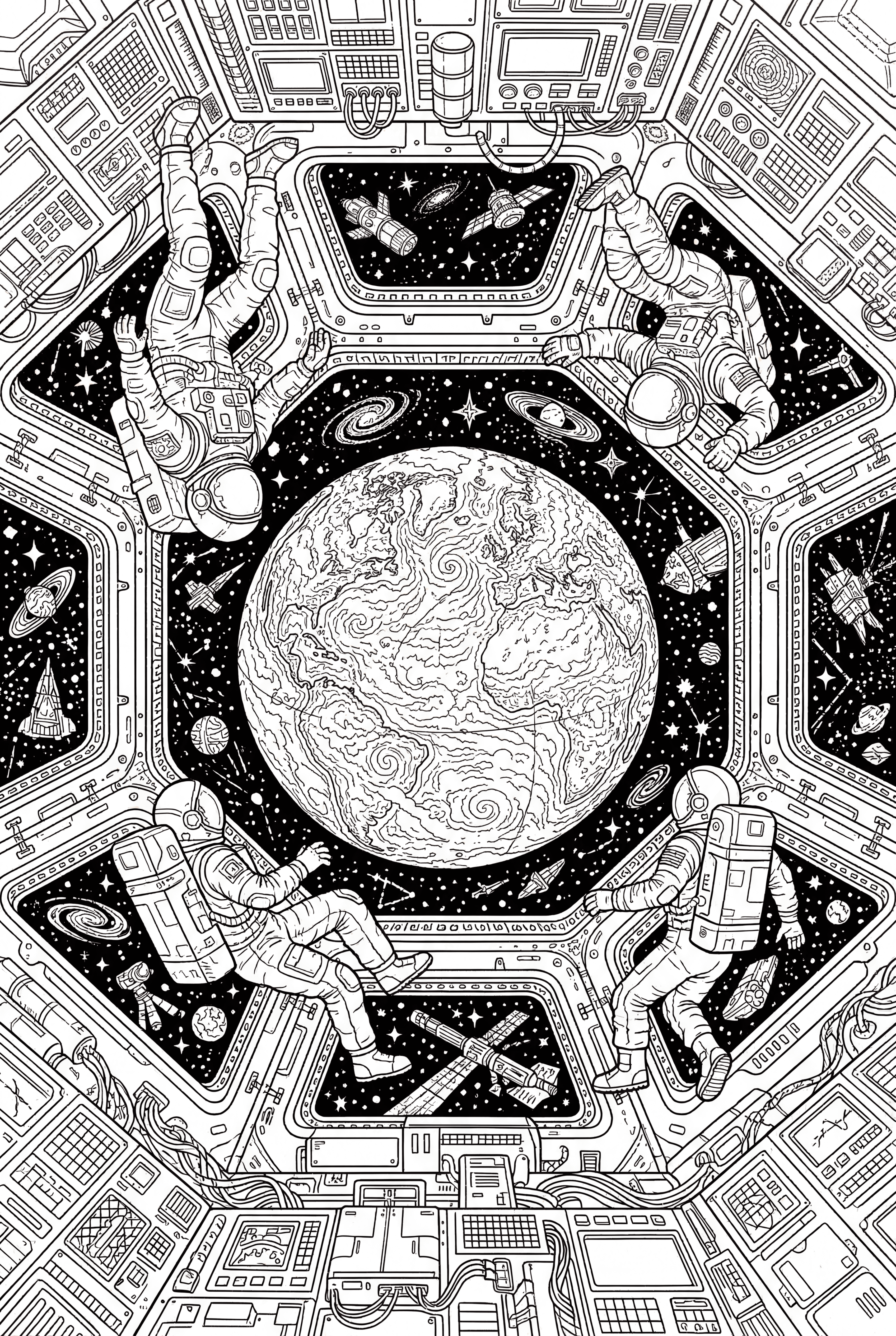 Astronauts Seeing Earth from Space Coloring Page