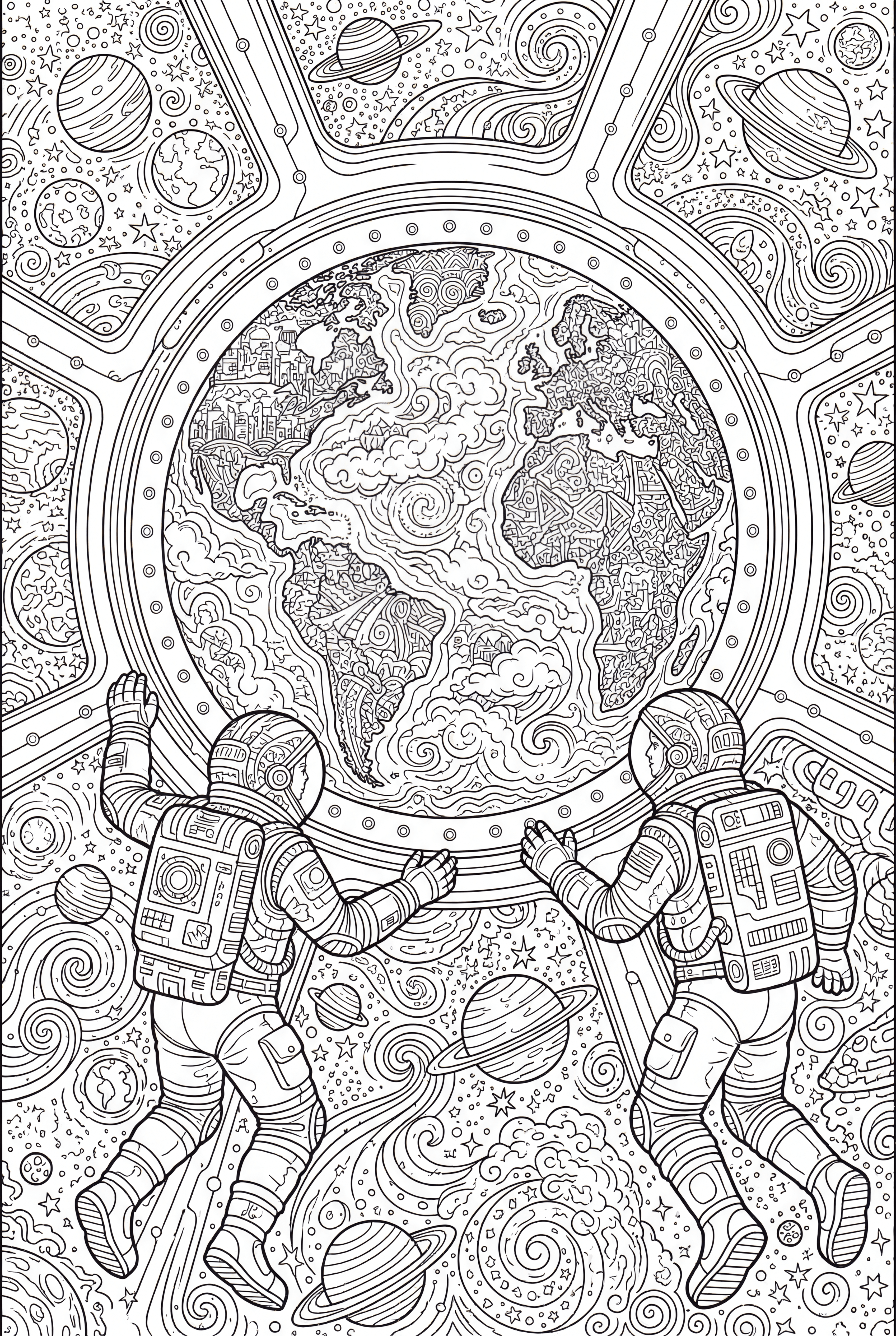 Detailed coloring page of astronauts viewing Earth from space