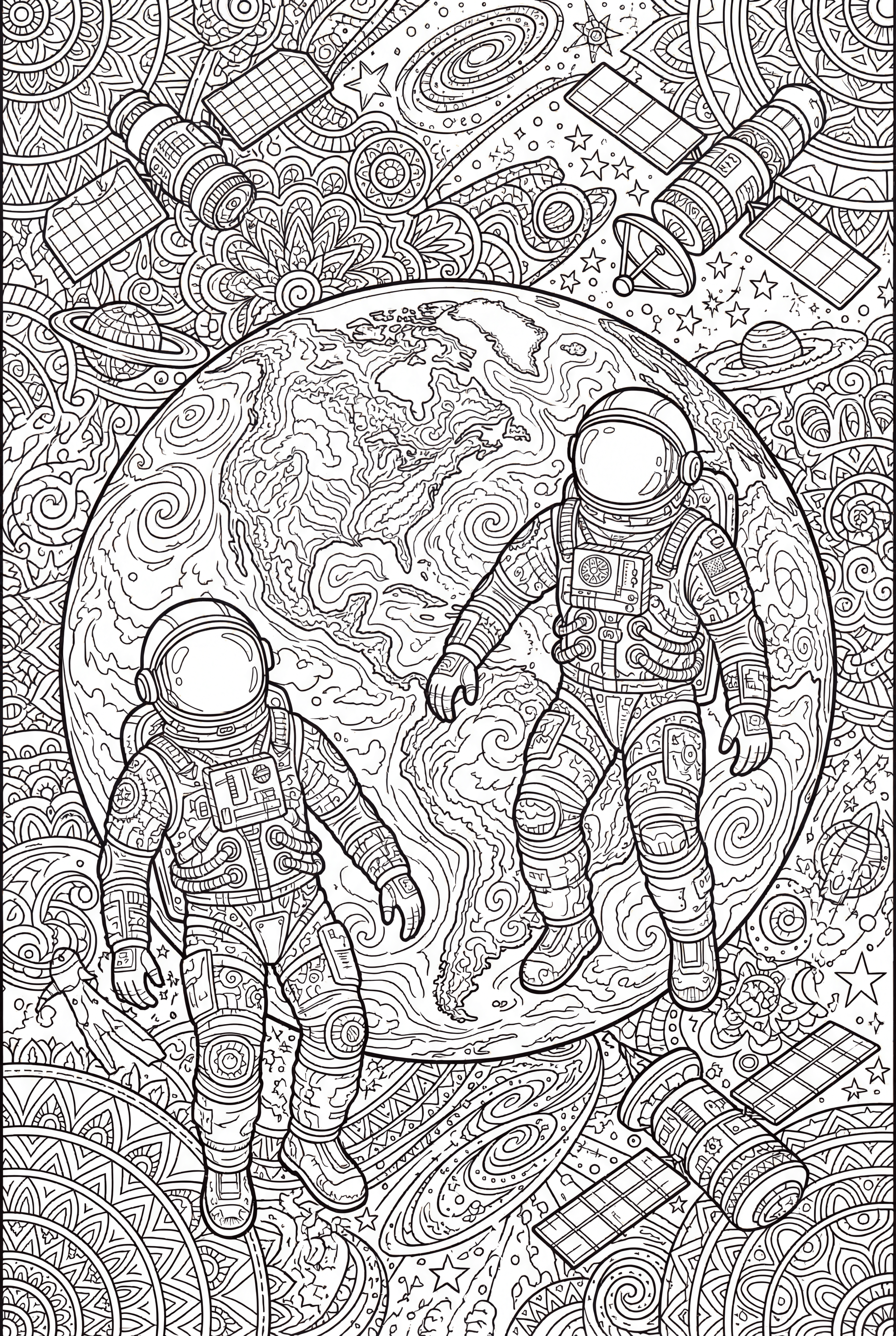 Astronauts Seeing Earth from Space Coloring Page