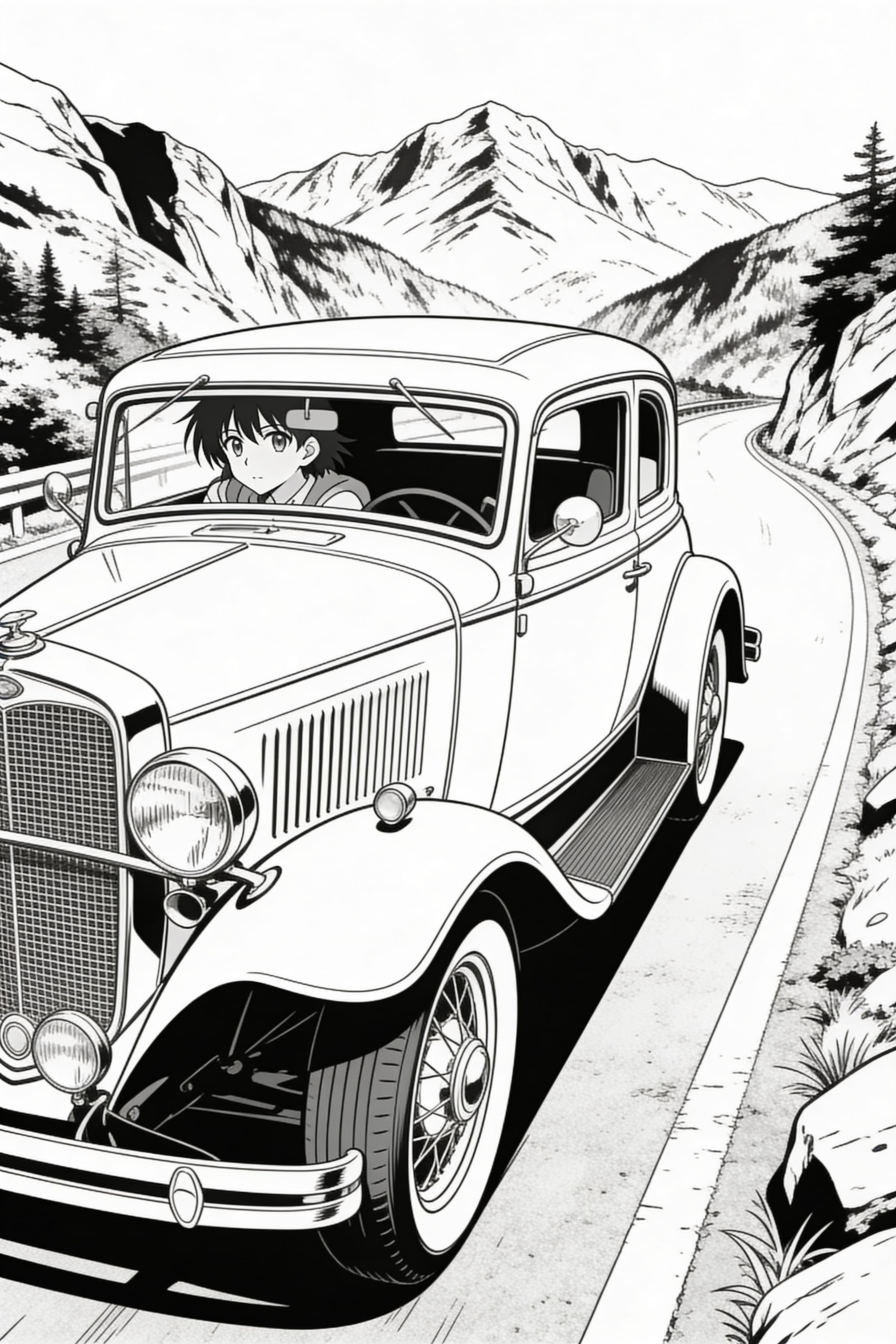 Anime style vintage car driving on a scenic mountain road coloring page
