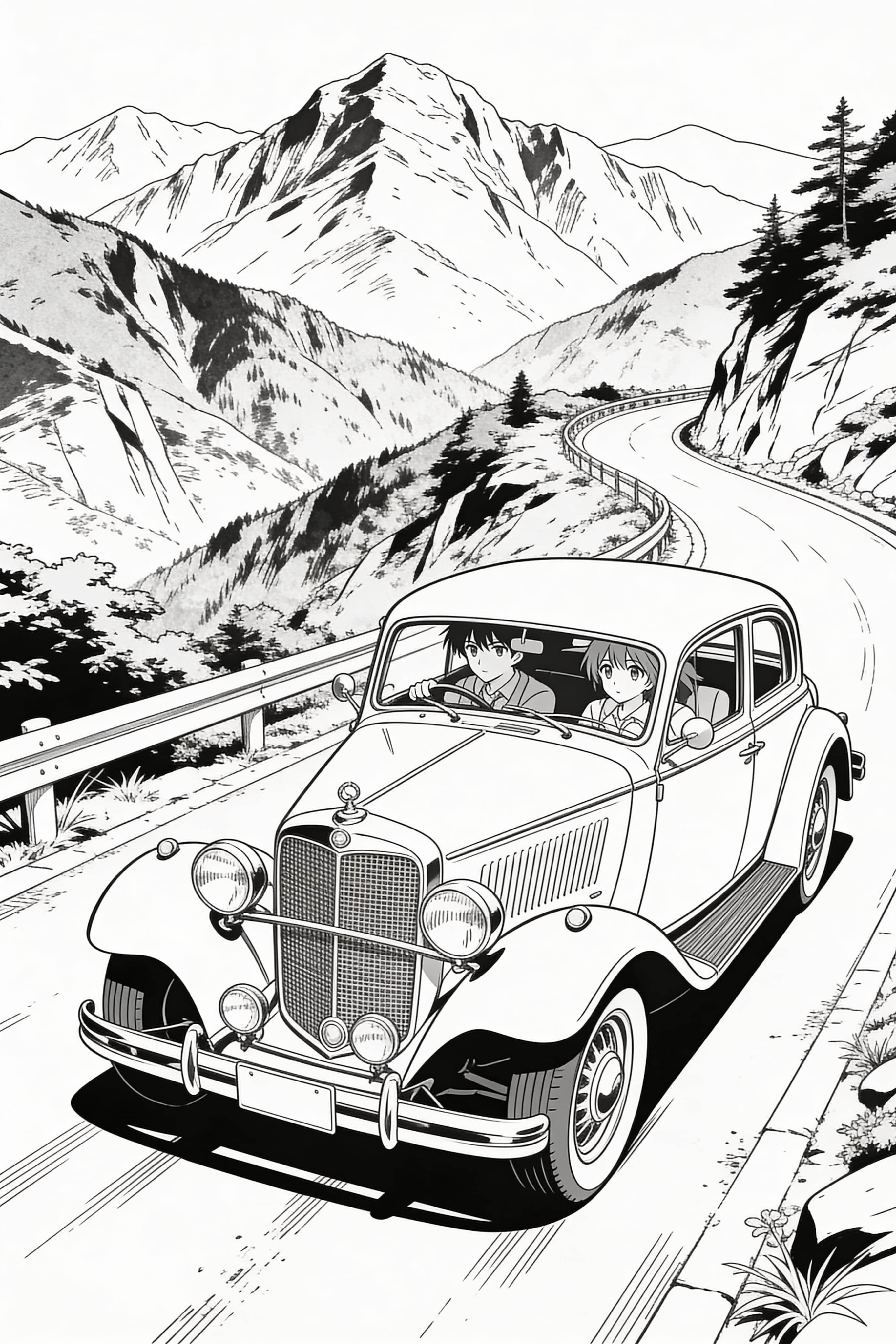 Anime Vintage Car Coloring Page on Mountain Road