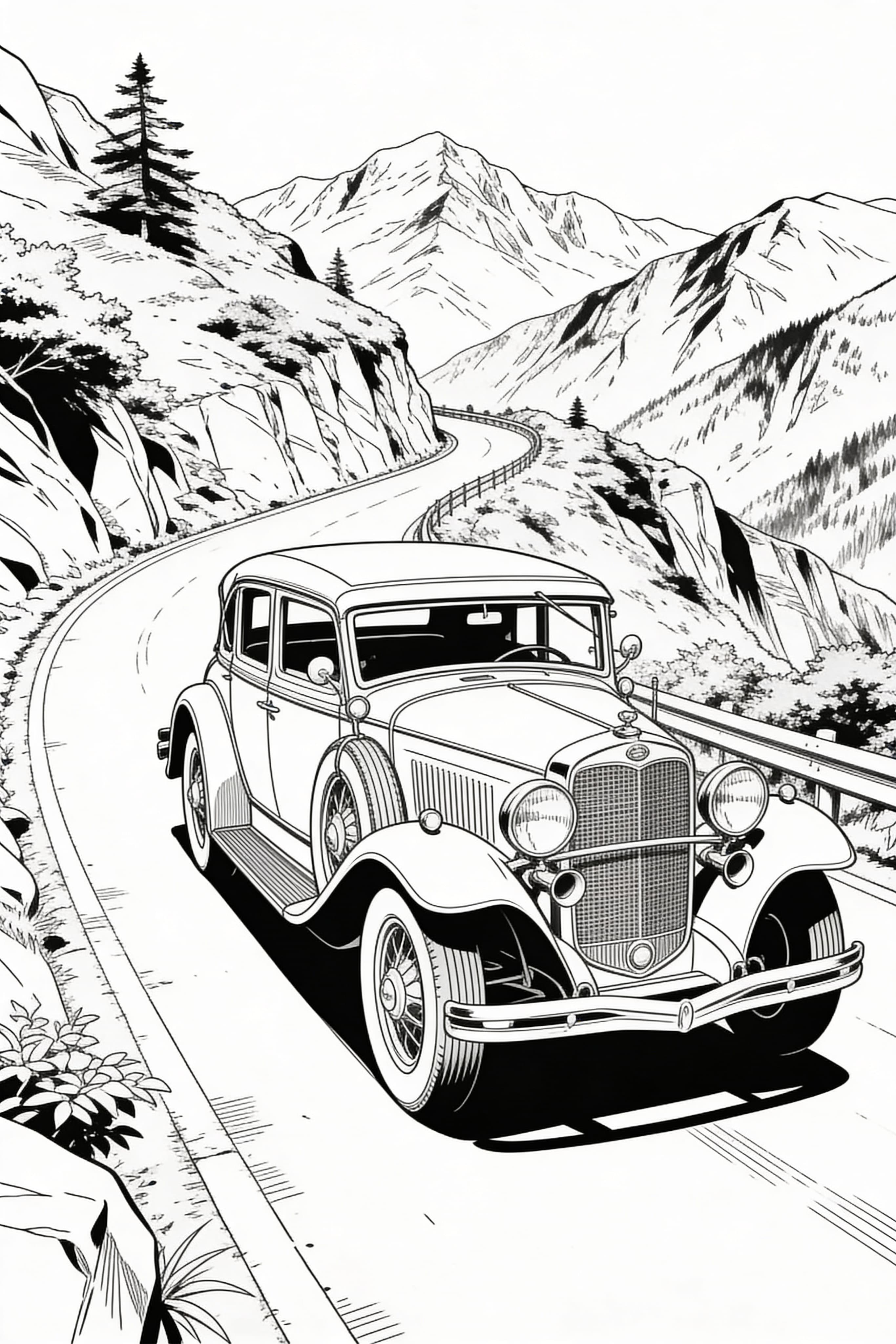 Anime style vintage car on mountain road coloring page