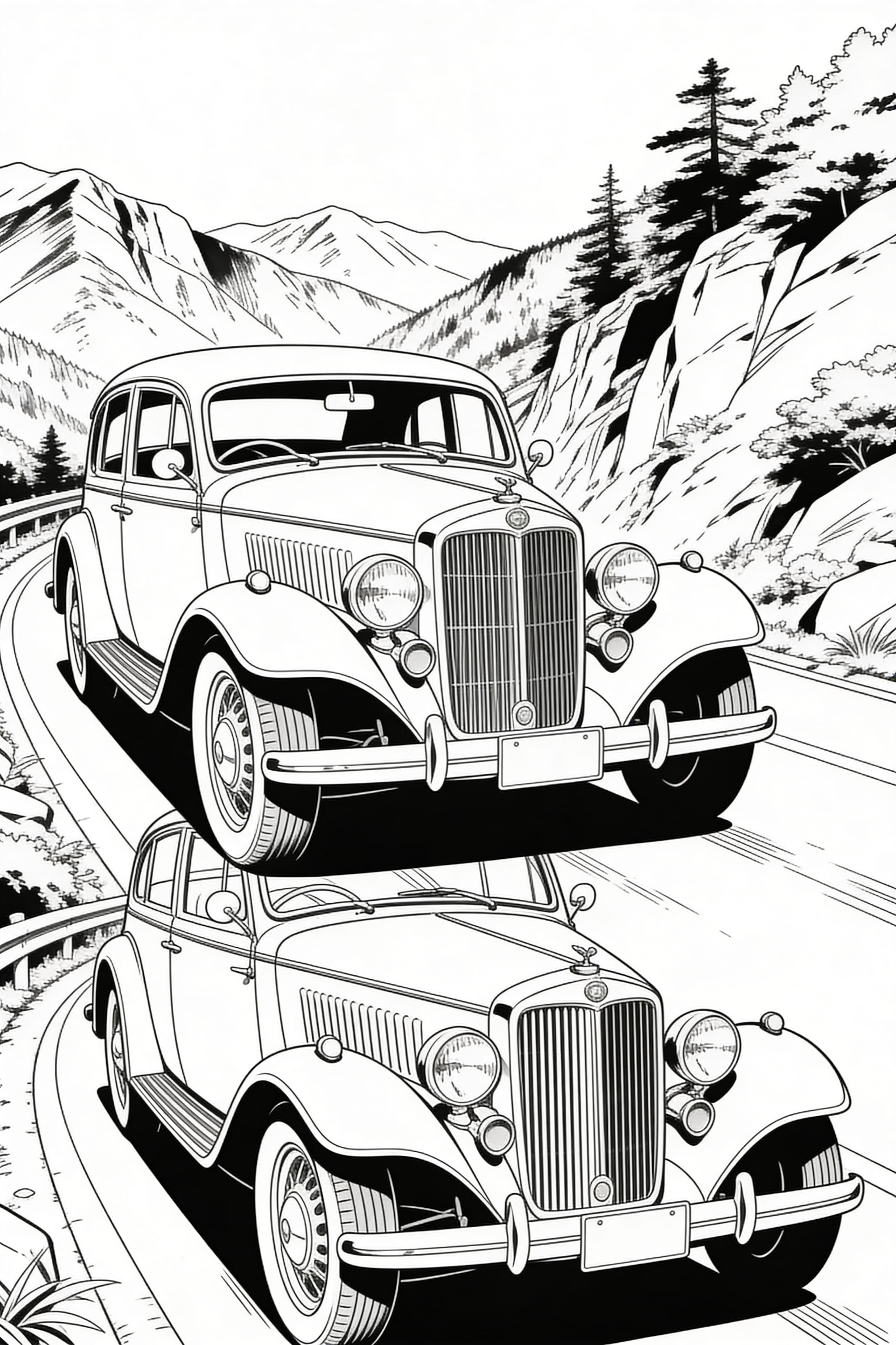 Anime style vintage car on scenic mountain road coloring page