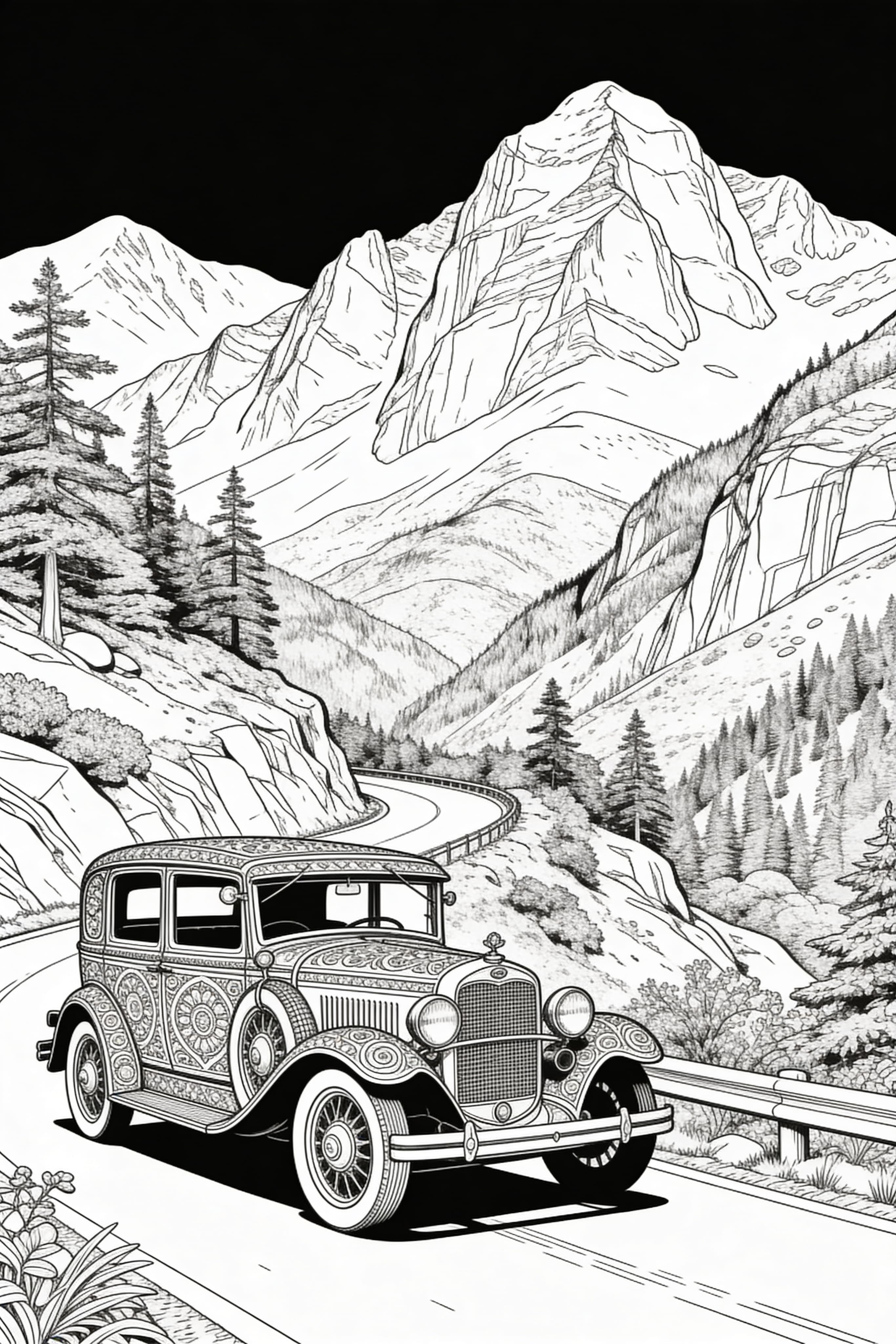 Printable coloring page of a vintage car on a scenic mountain road for adults