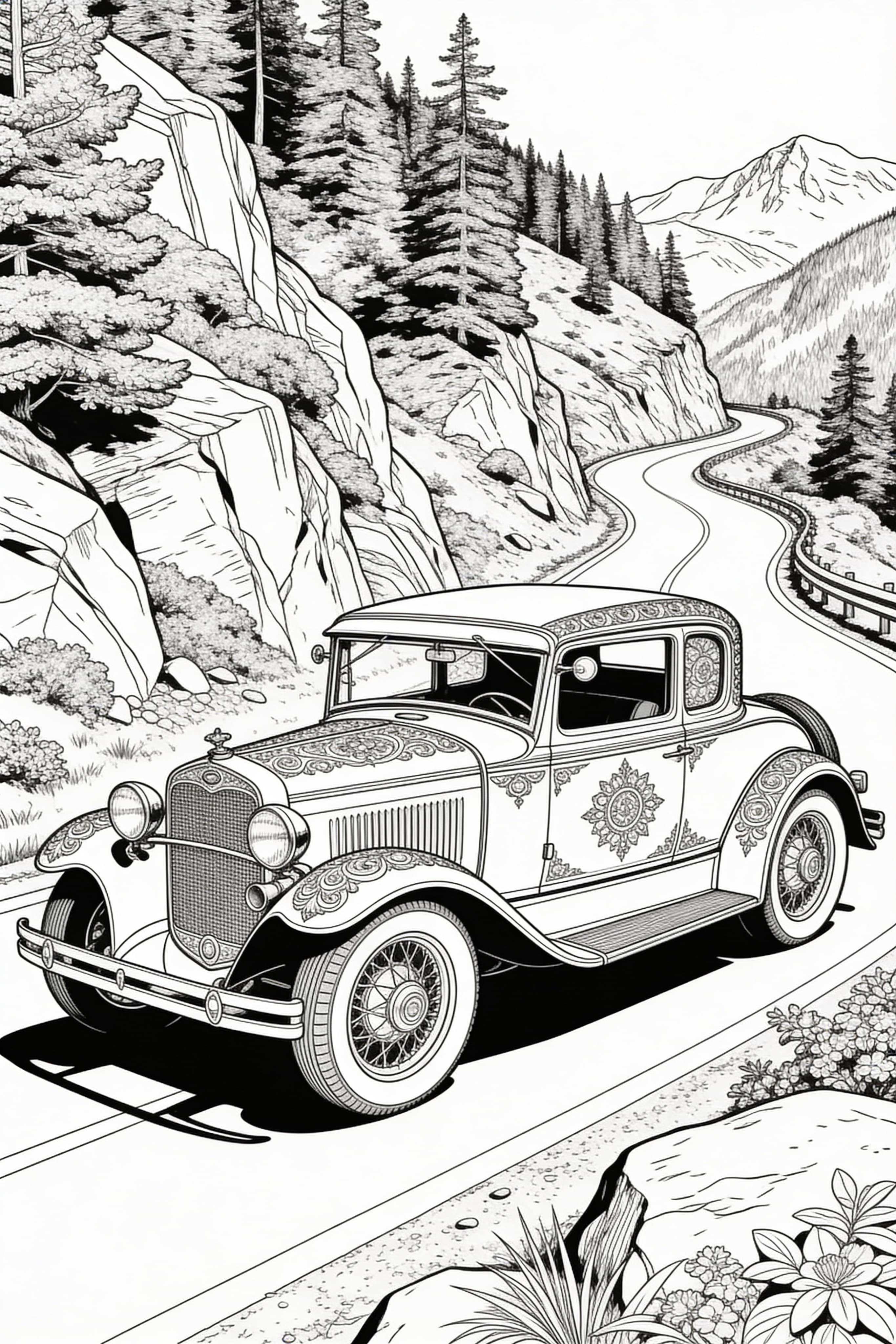 Old vintage car on a scenic mountain road, detailed adult coloring page