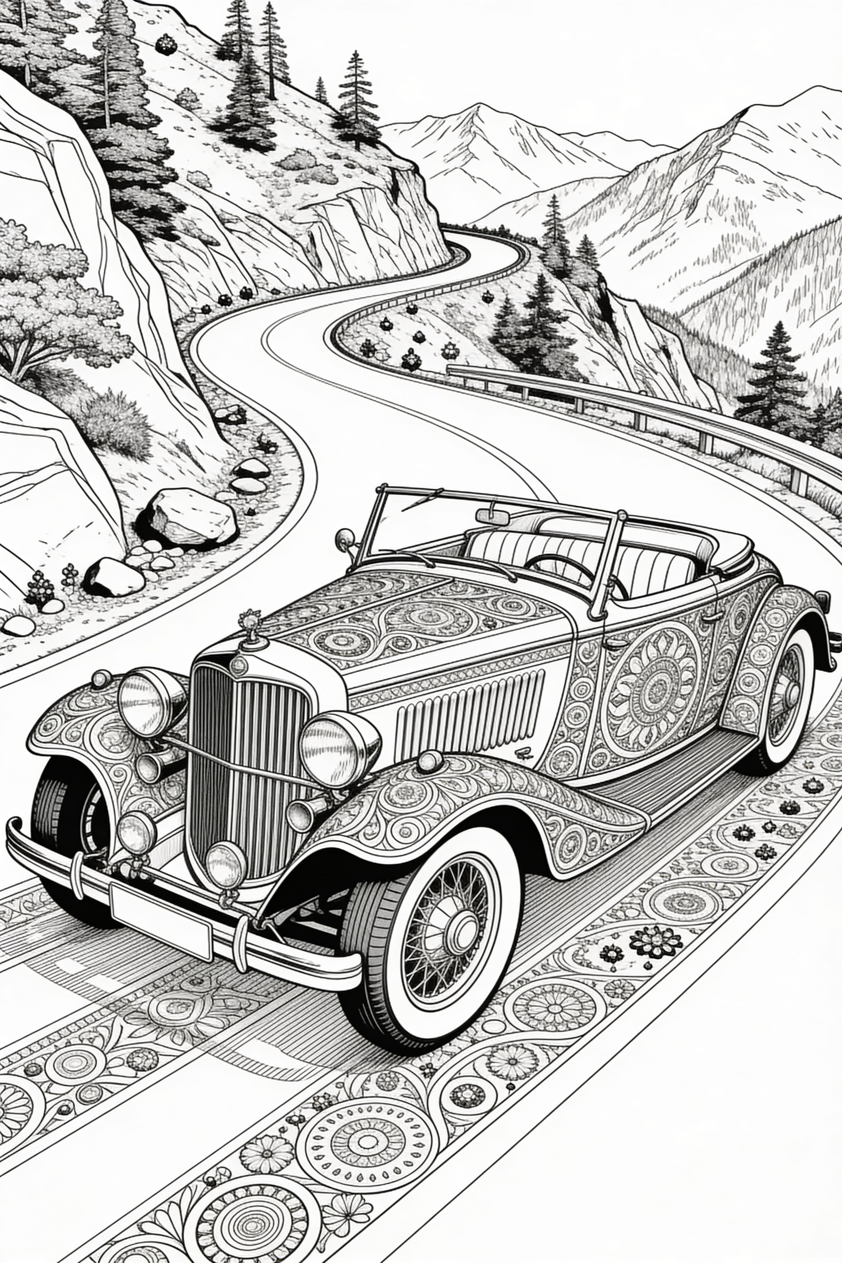 Detailed vintage car on a scenic mountain road coloring page for adults
