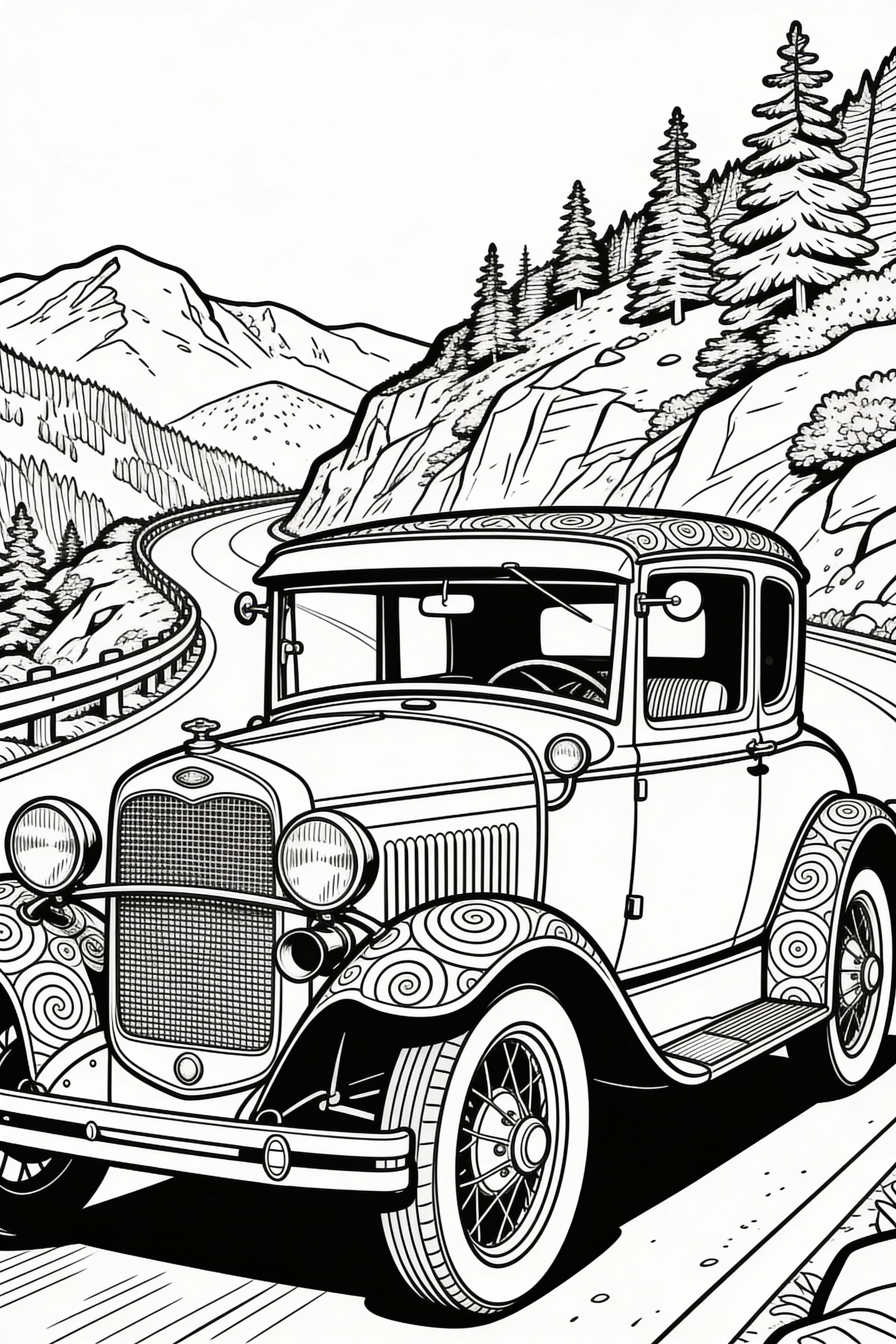 Doodle style vintage car driving on a scenic mountain road coloring page