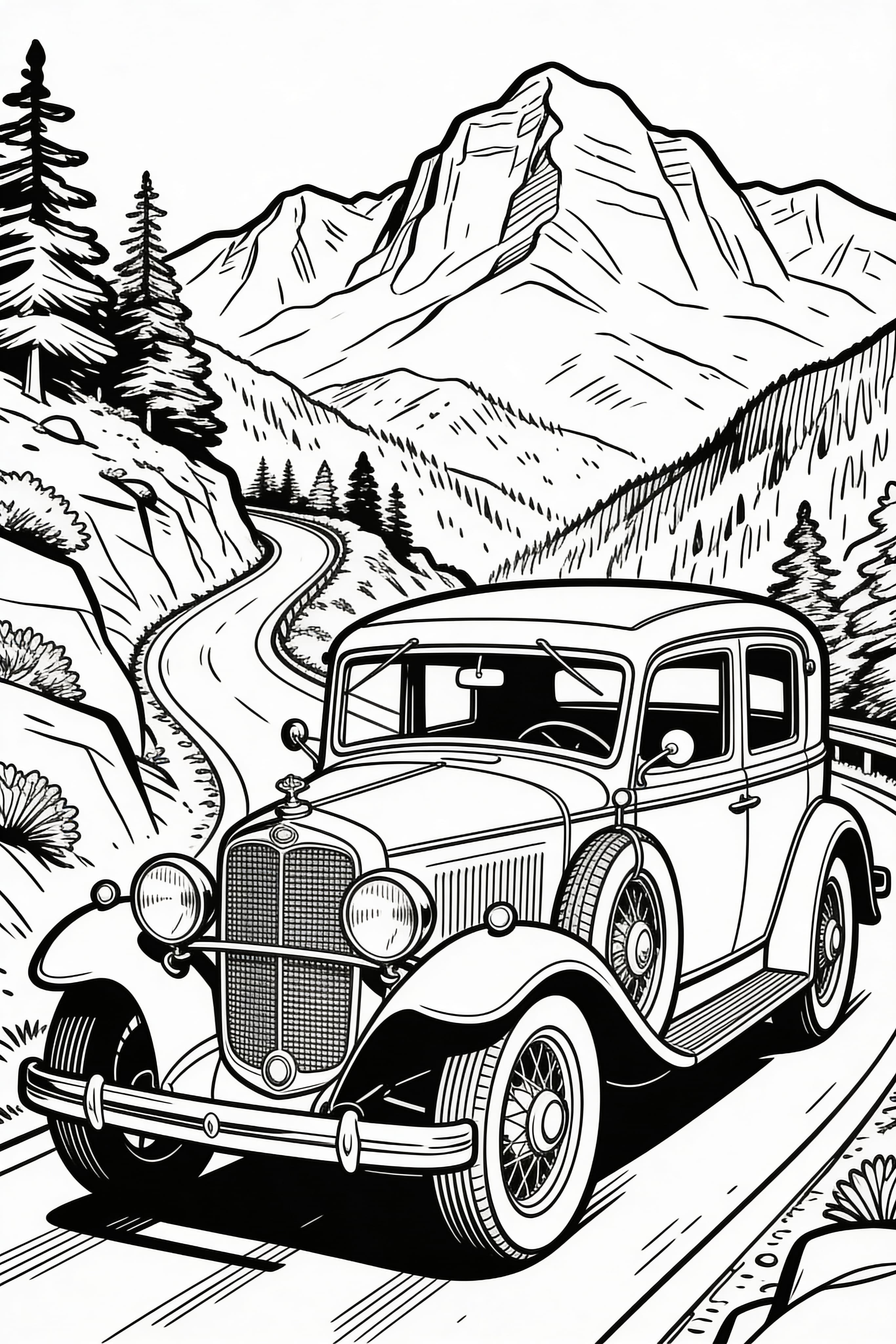 Doodle style beautiful old vintage car on scenic mountain road coloring page