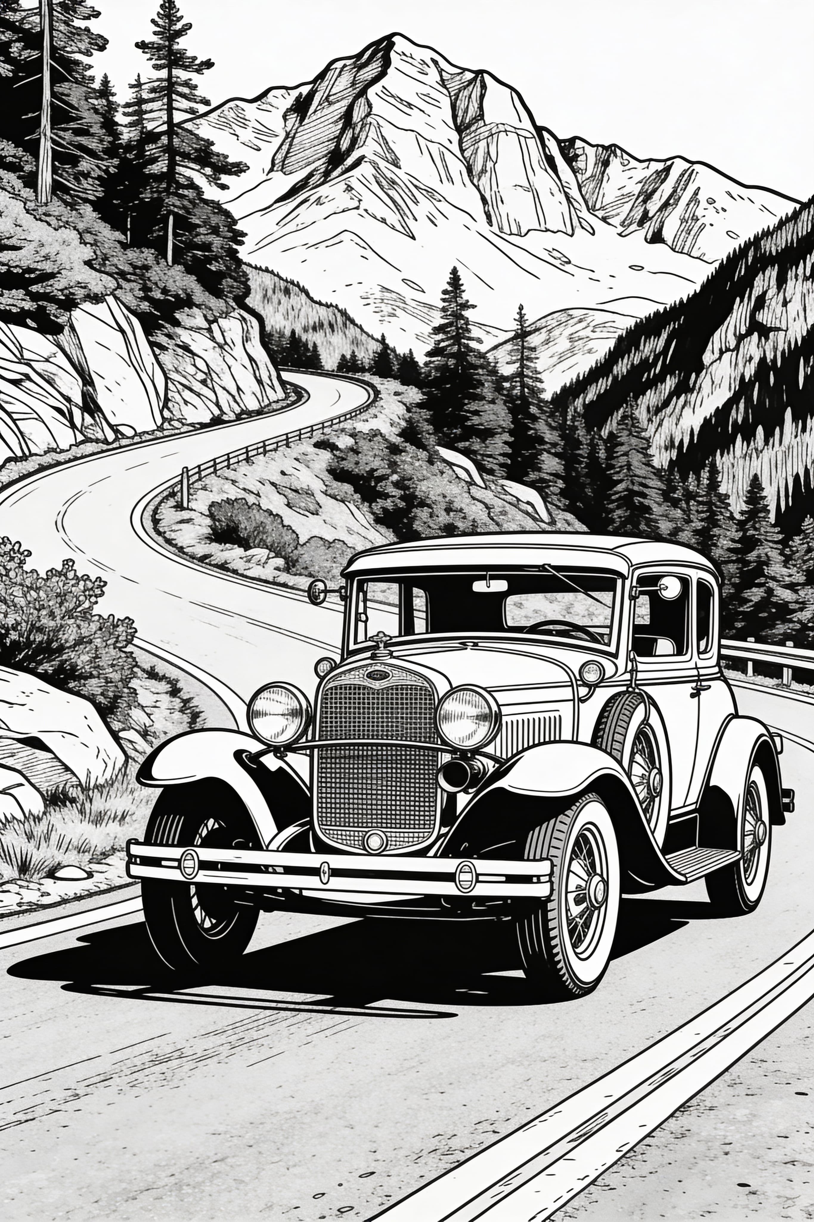 Coloring page of a vintage car driving on a scenic mountain road