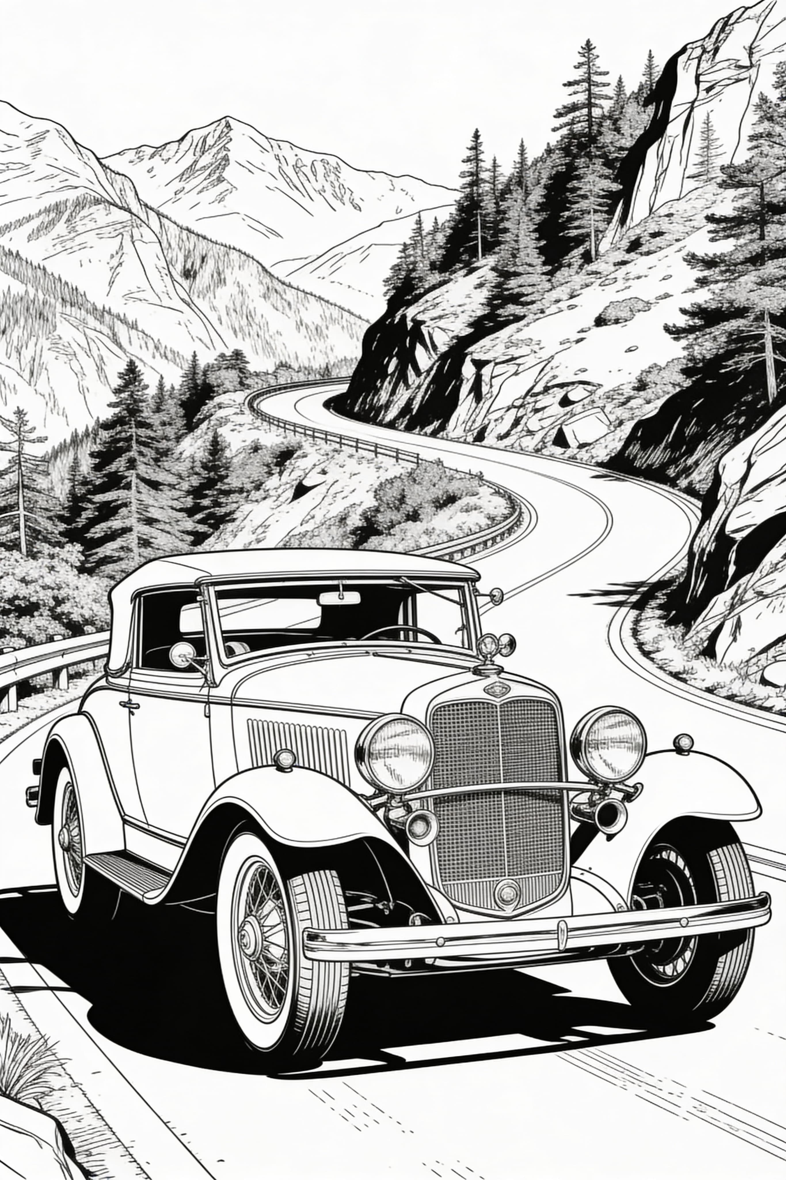 Vintage Car on Mountain Road Coloring Page