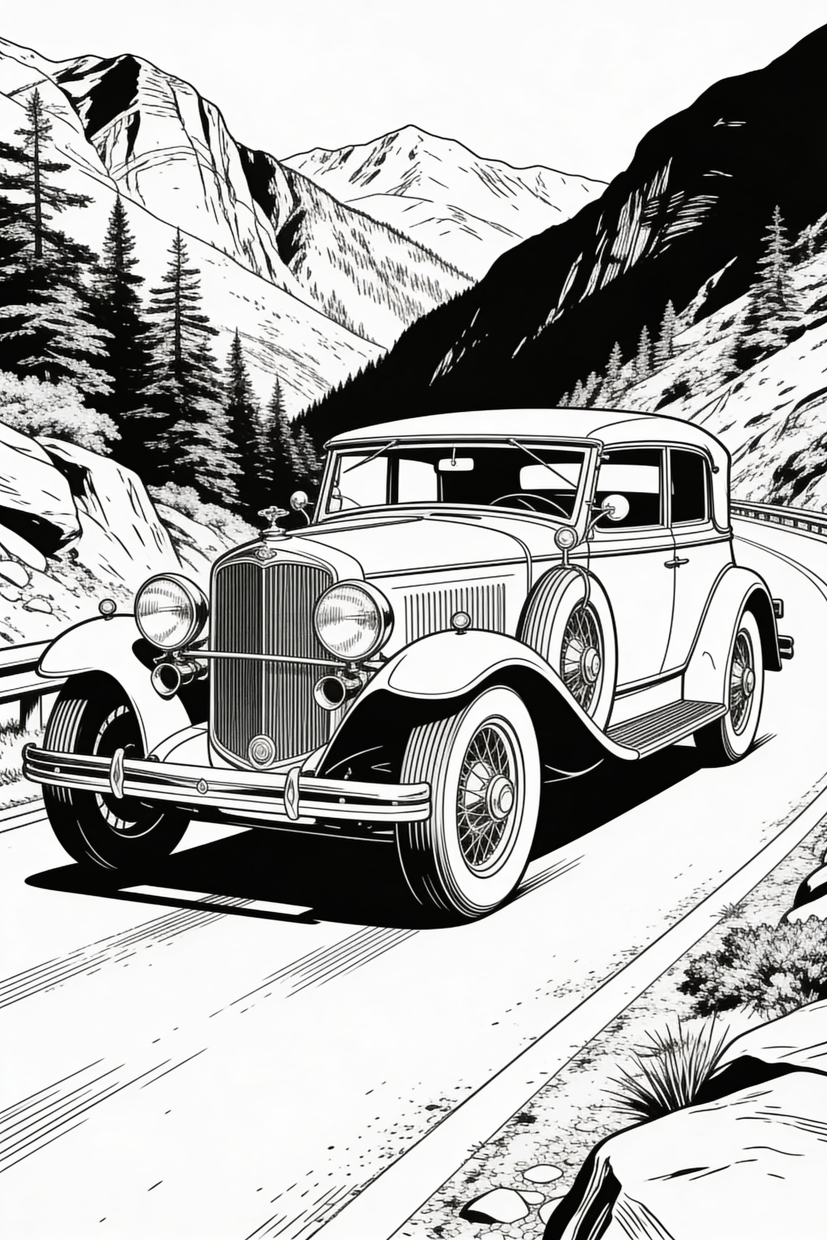 Vintage Car Coloring Page on Scenic Mountain Road