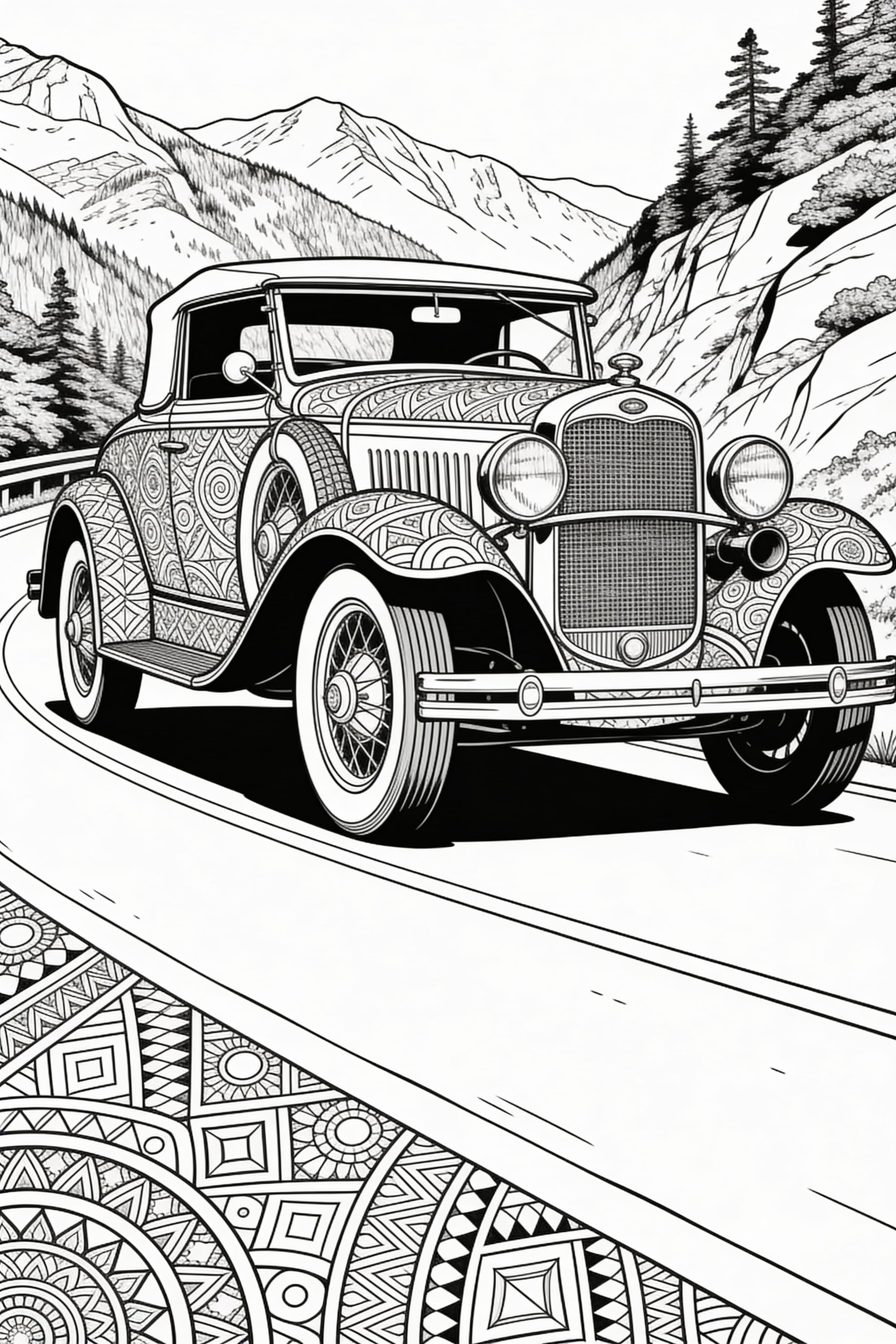 Zentangle vintage car driving on scenic mountain road coloring page