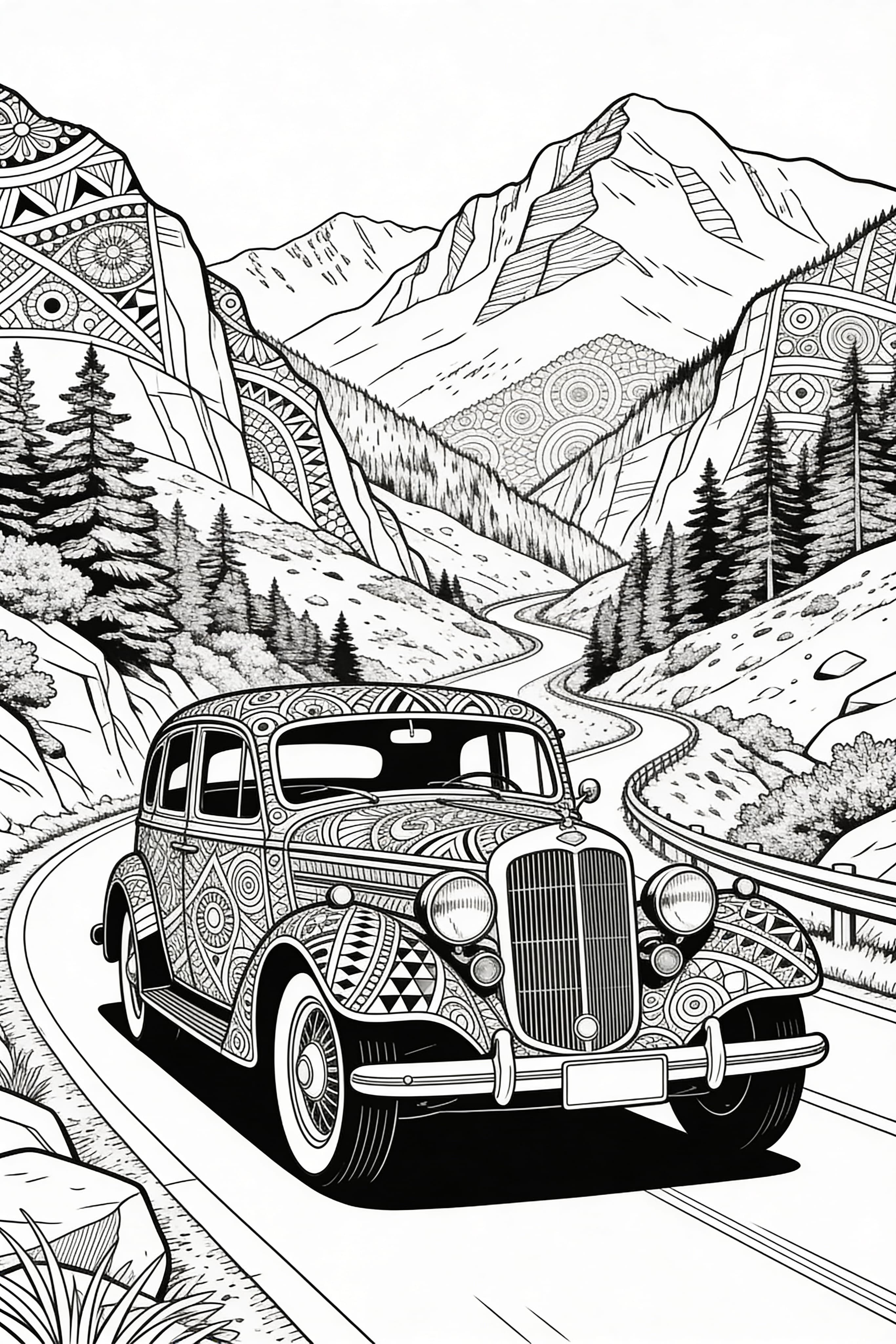 Zentangle style vintage car driving on scenic mountain road coloring page