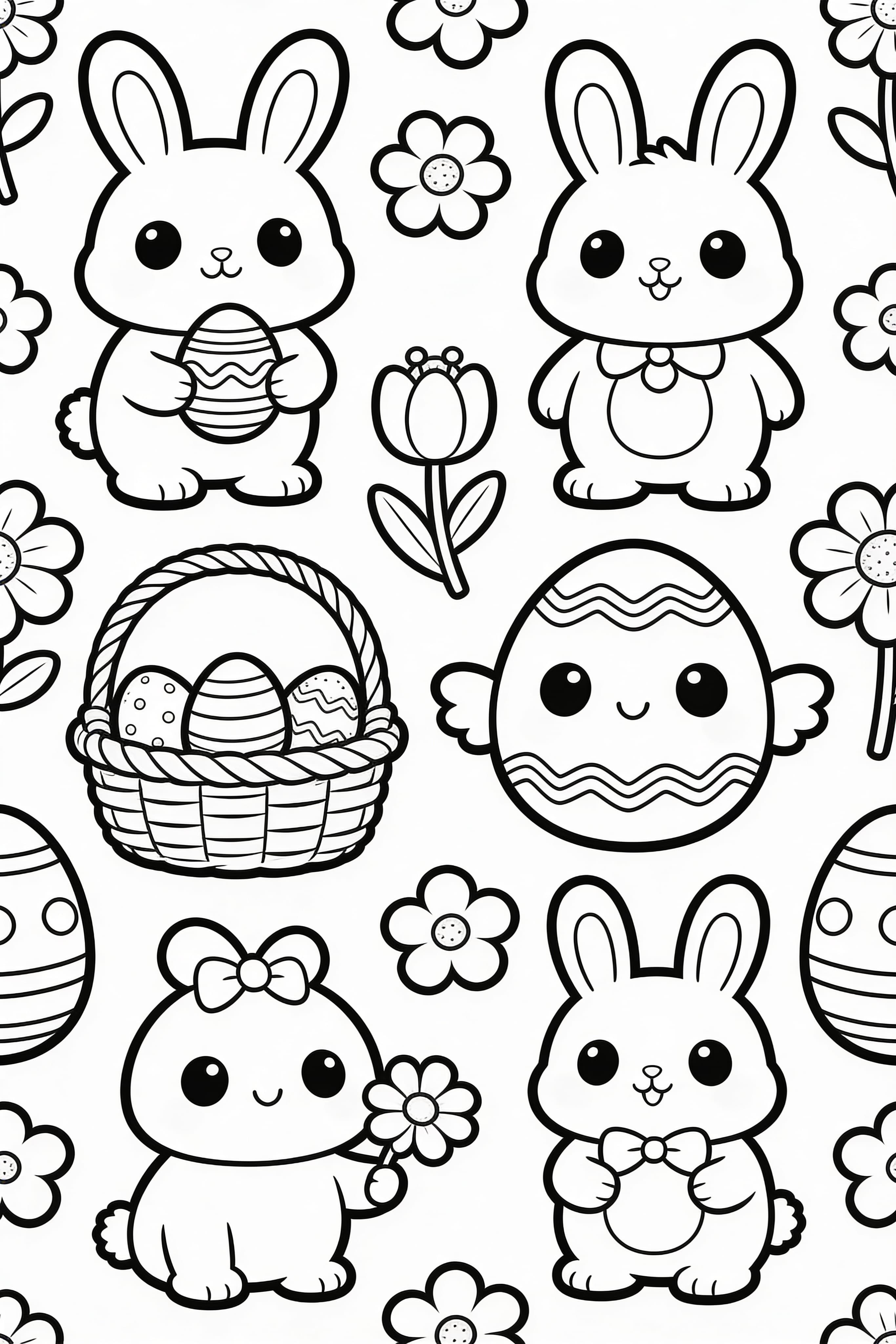 Cute cartoon Easter celebration with bunny and eggs coloring page