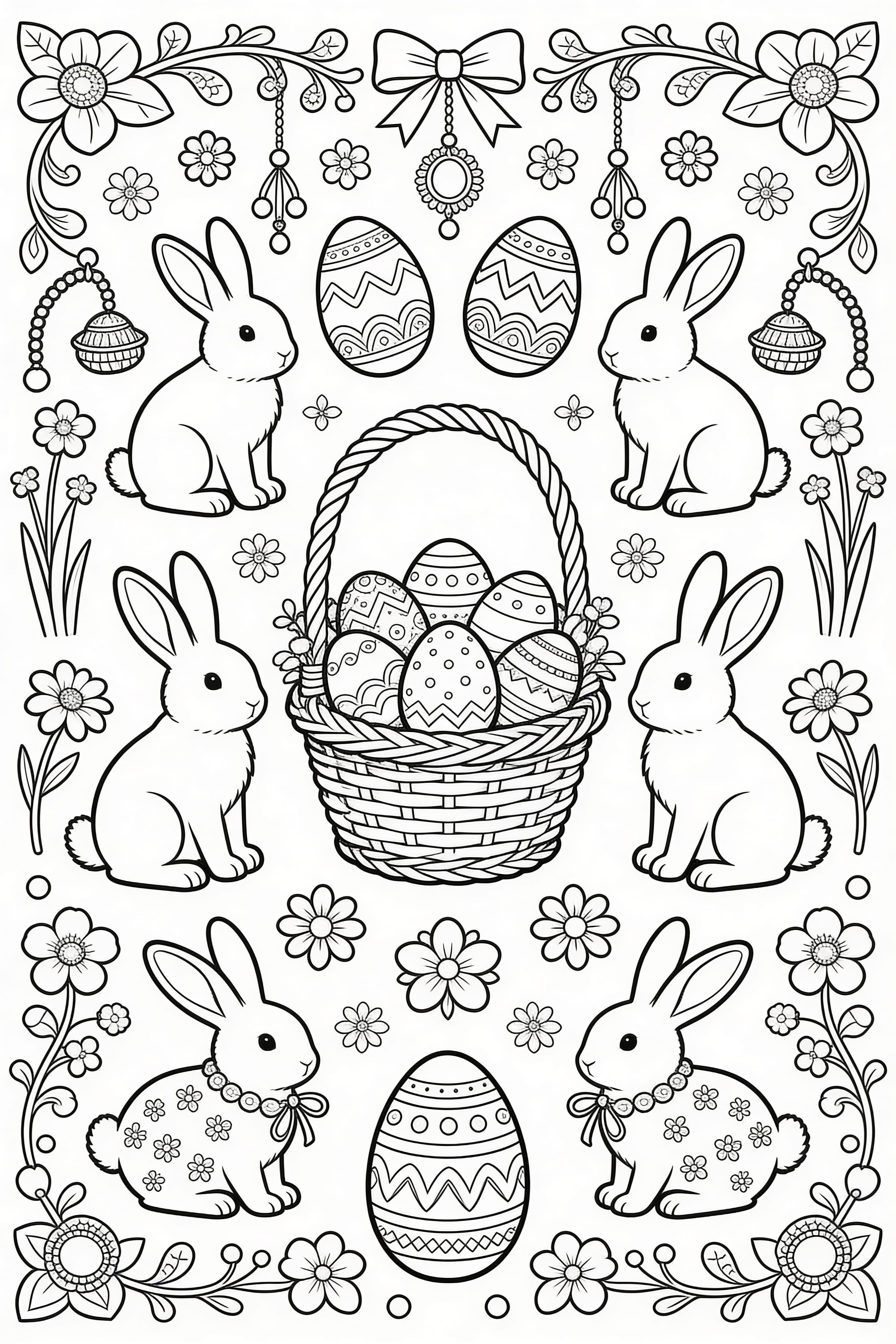 Detailed Easter celebration coloring page for adults with intricate patterns