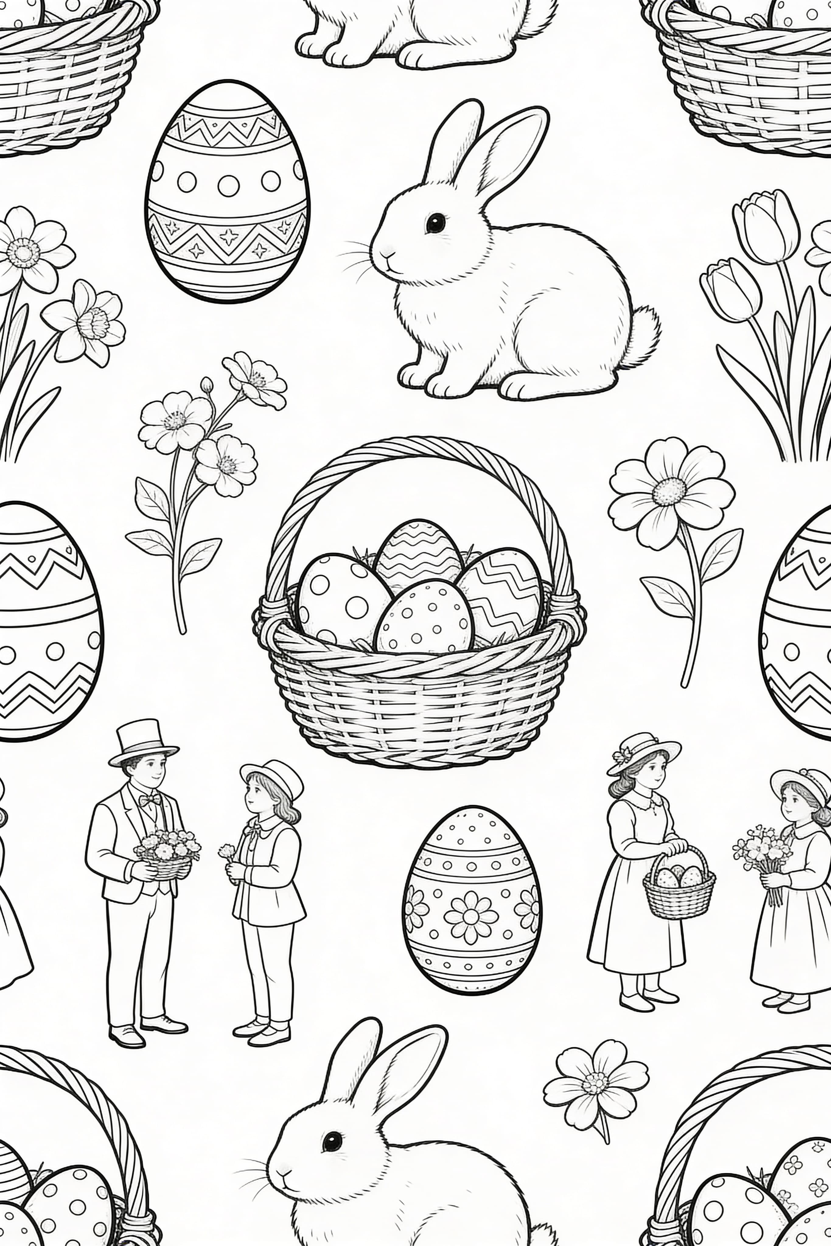 Printable realistic Easter celebration coloring page with intricate designs