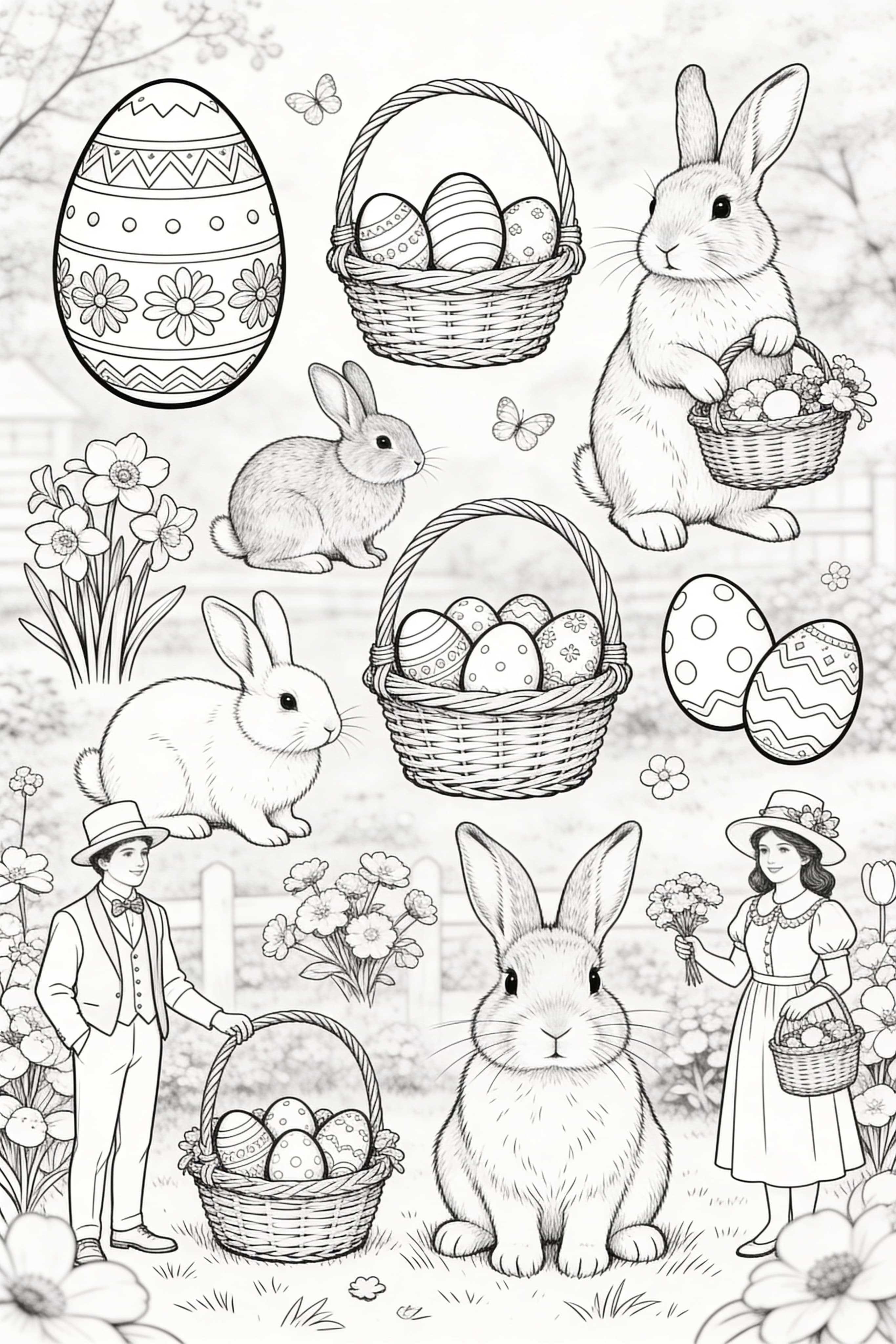 Realistic Easter celebration coloring page with detailed eggs and festive elements