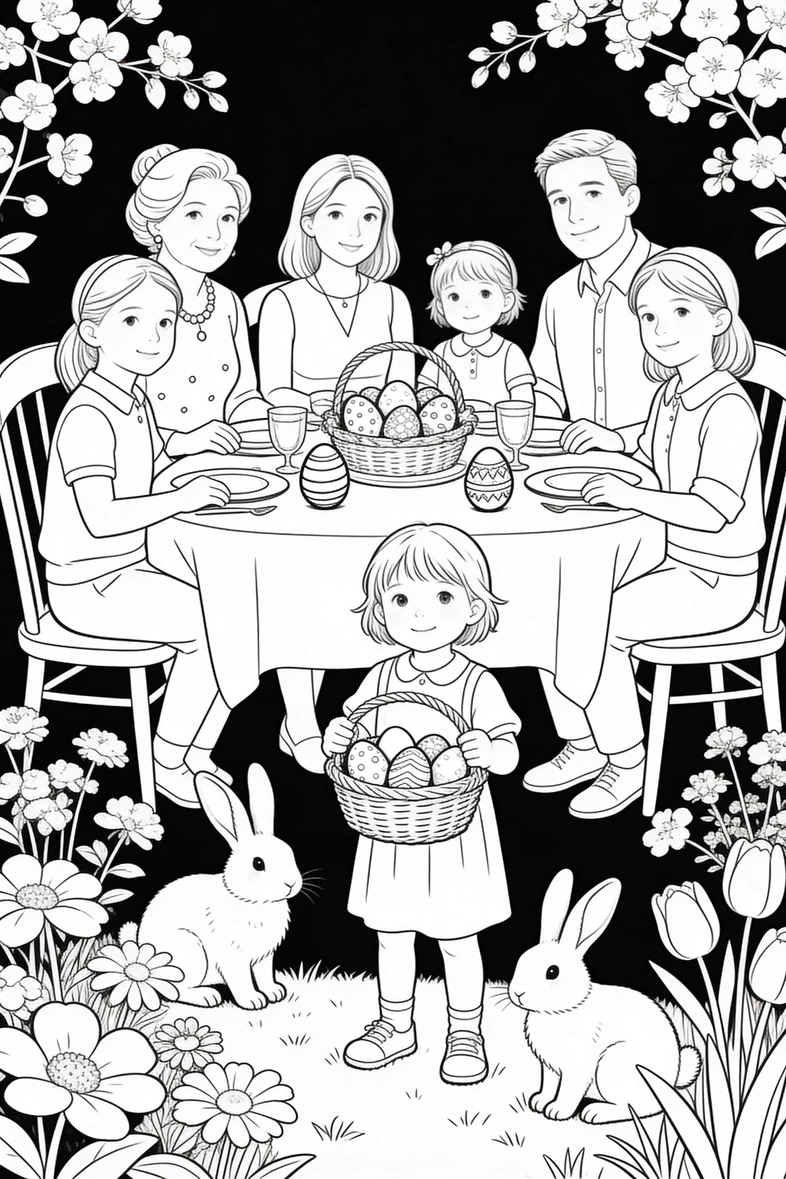 Realistic style Easter celebration coloring page with eggs and bunnies