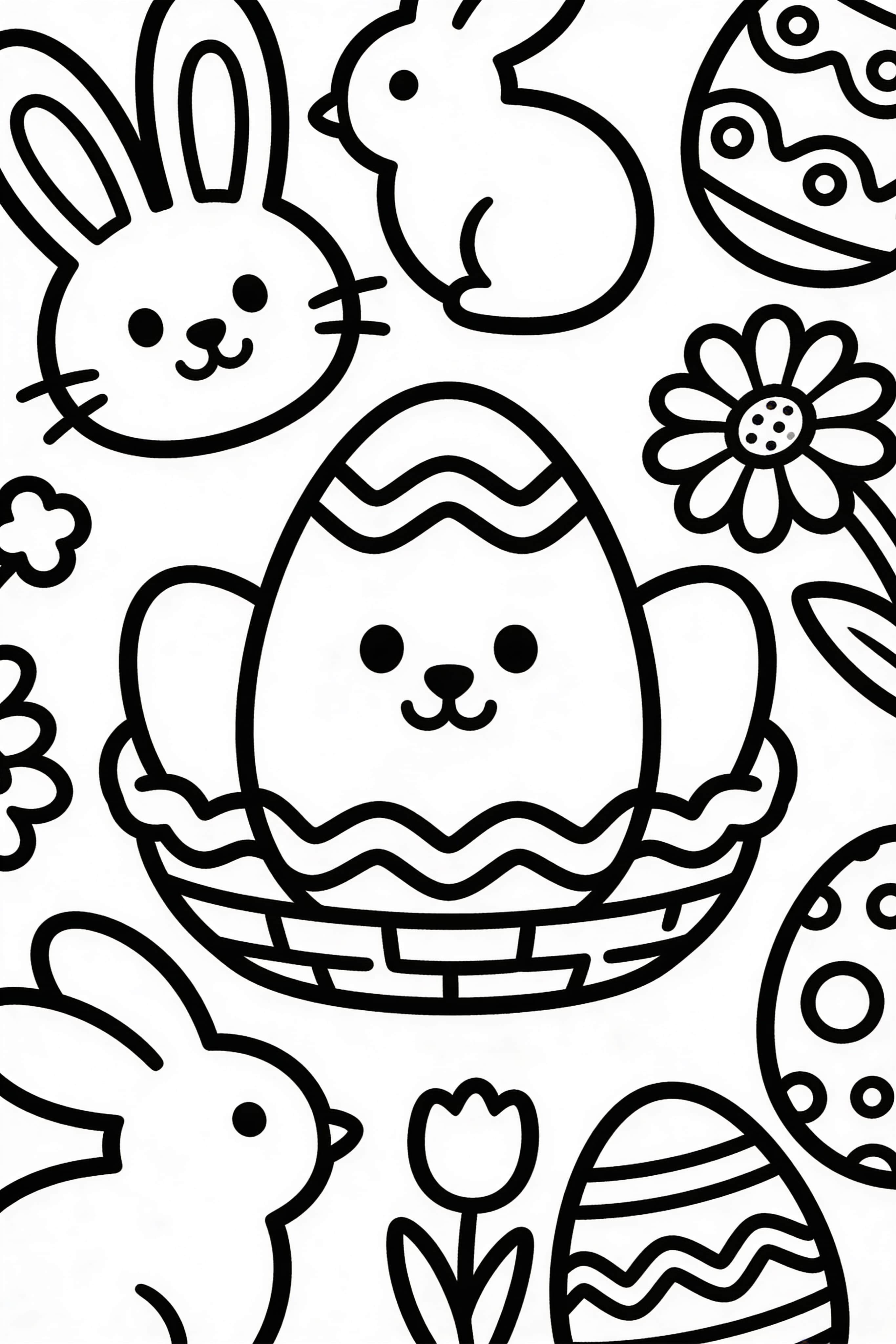 Simple Easter celebration coloring page featuring Easter eggs and bunnies for kids