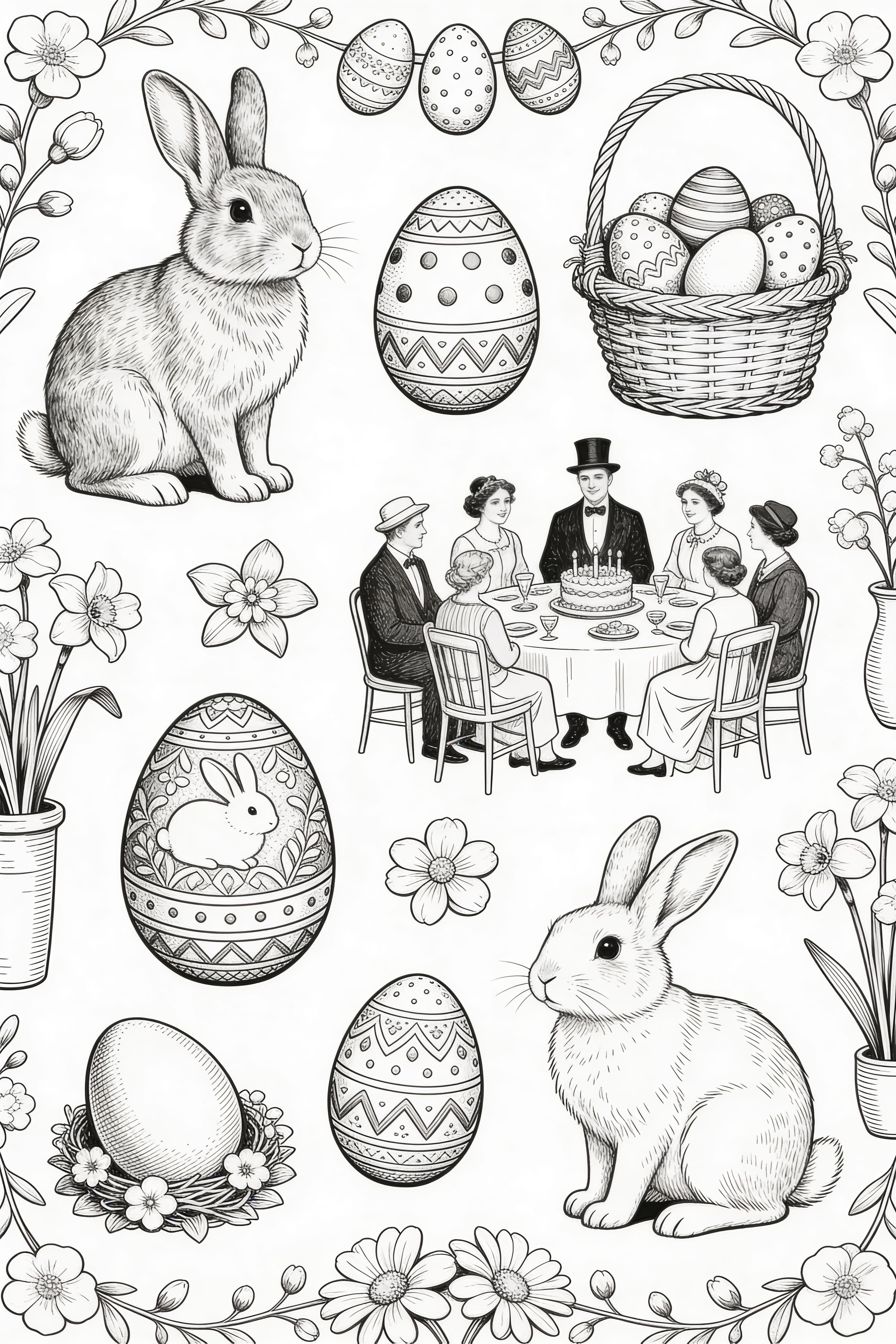 Vintage Easter celebration coloring page with intricate designs for free printable download