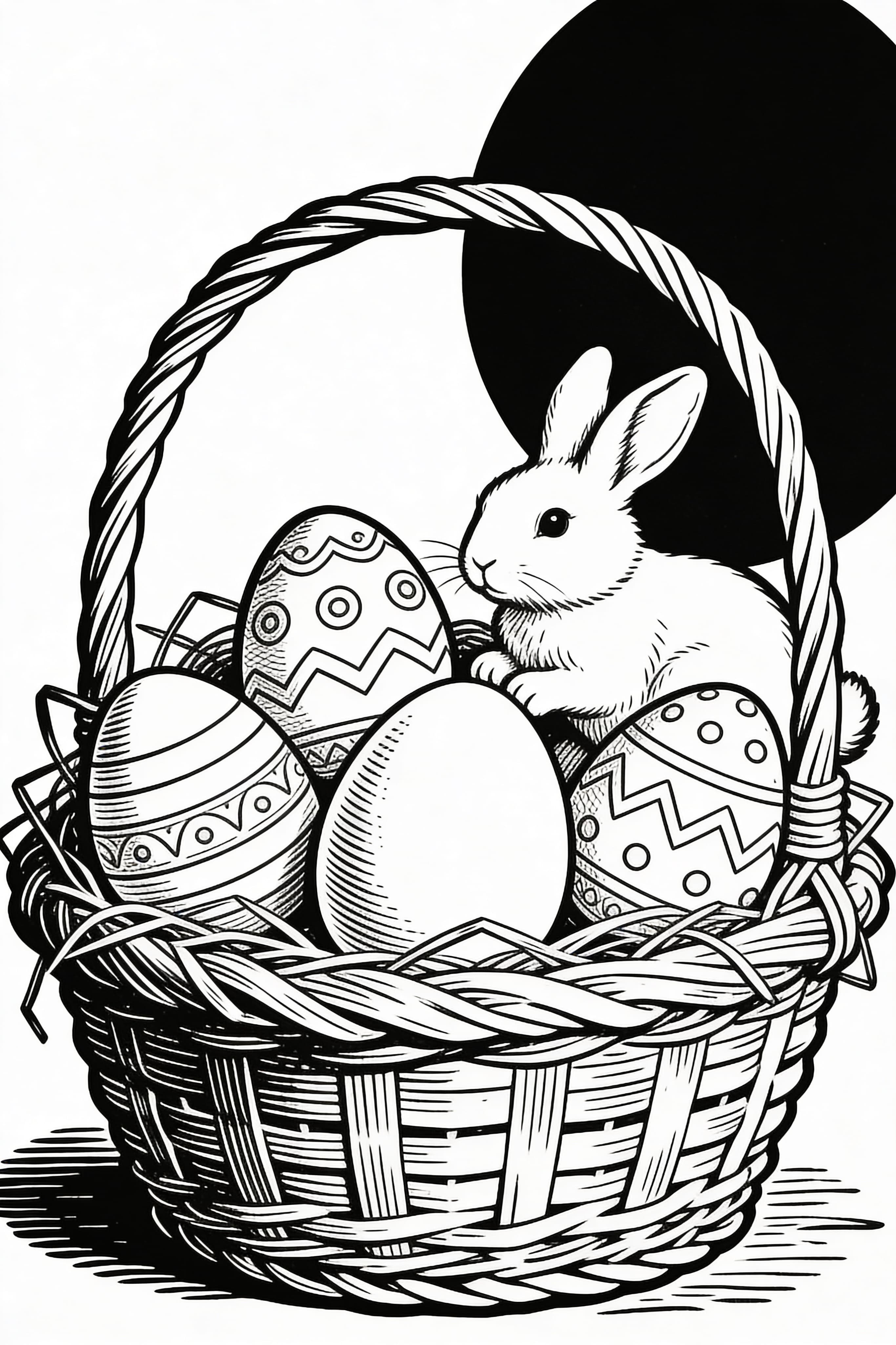 Vintage Easter celebration coloring page featuring eggs and bunnies