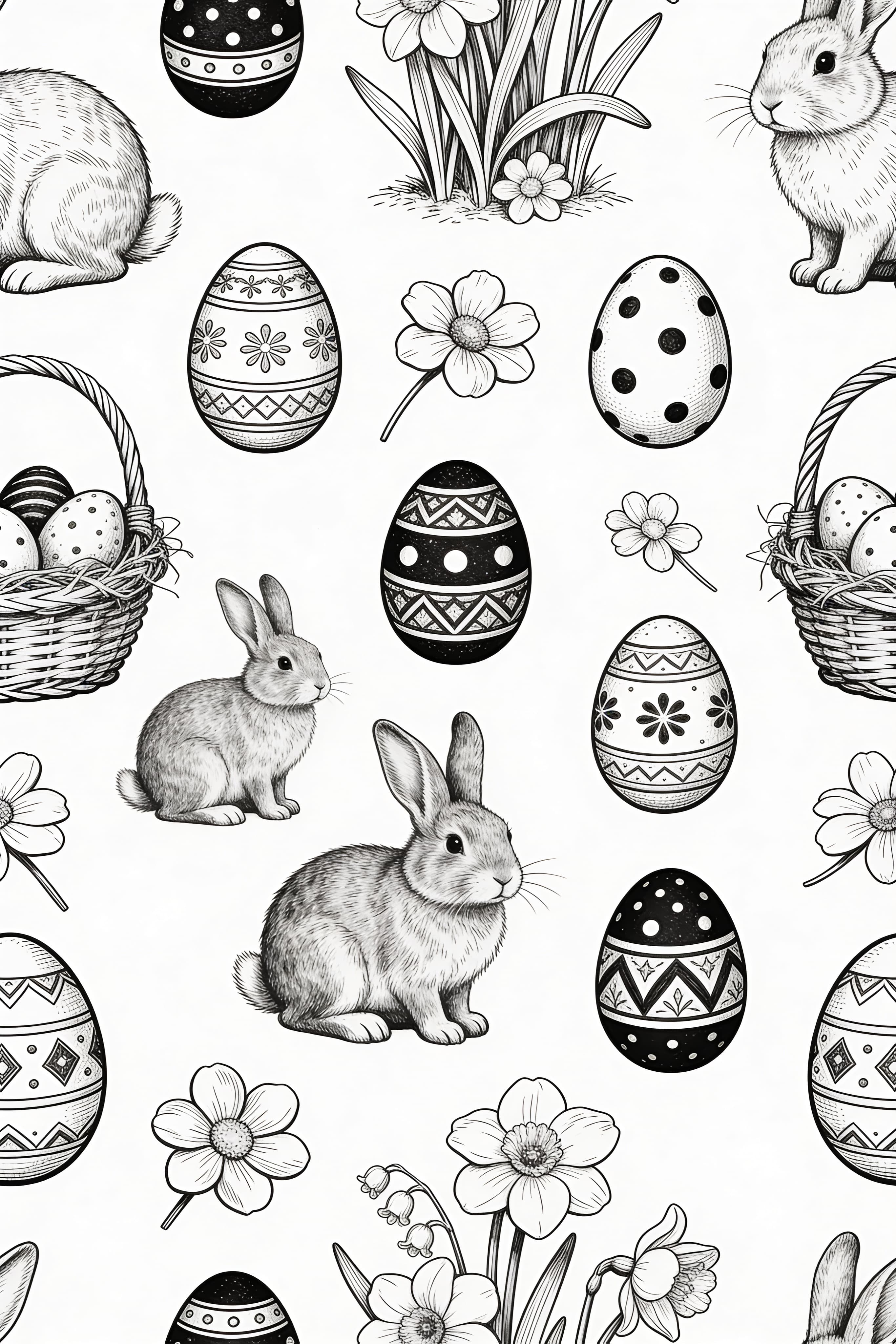 Vintage style Easter celebration coloring page with eggs and bunnies