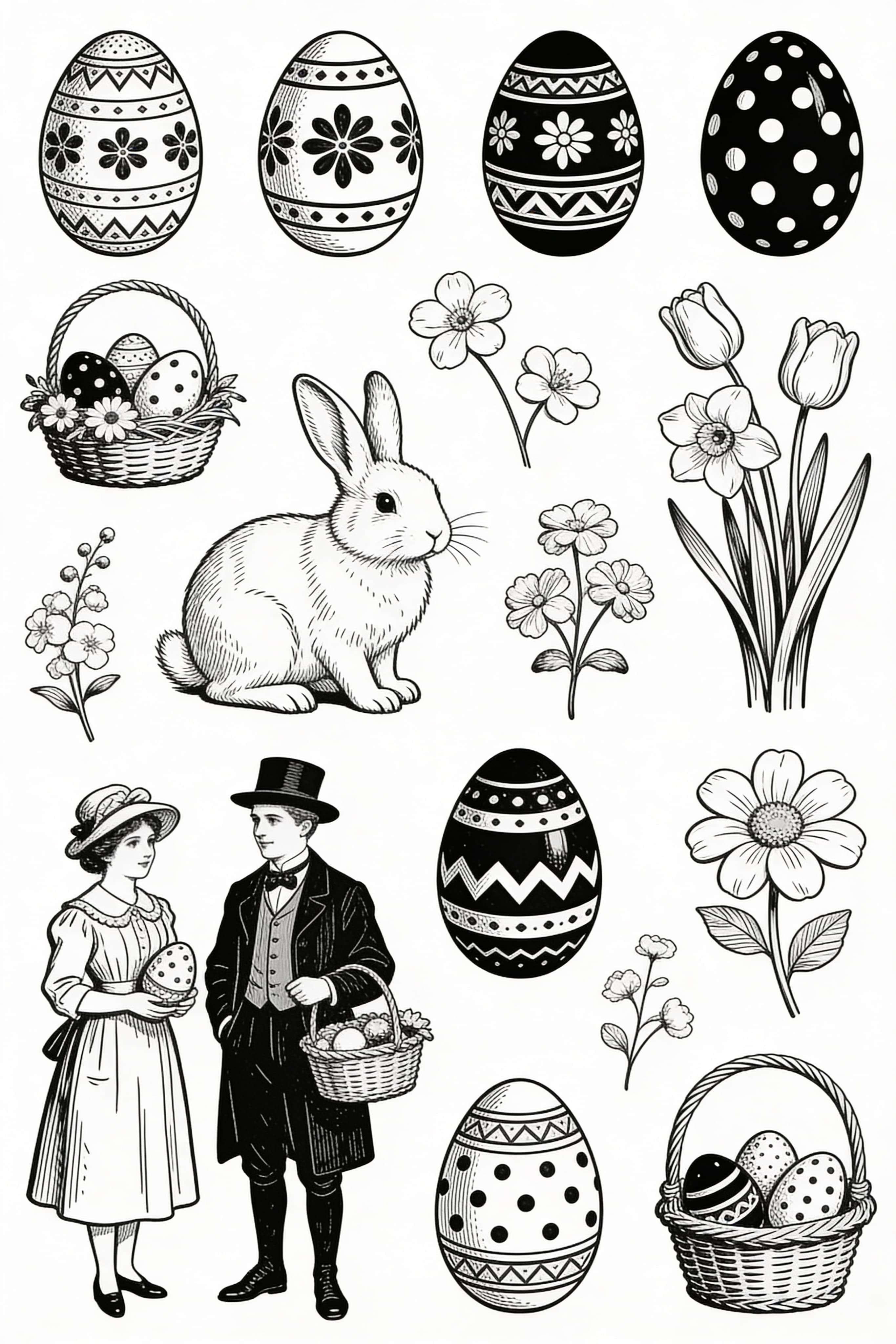 Vintage Easter celebration coloring page with intricate designs and Easter motifs