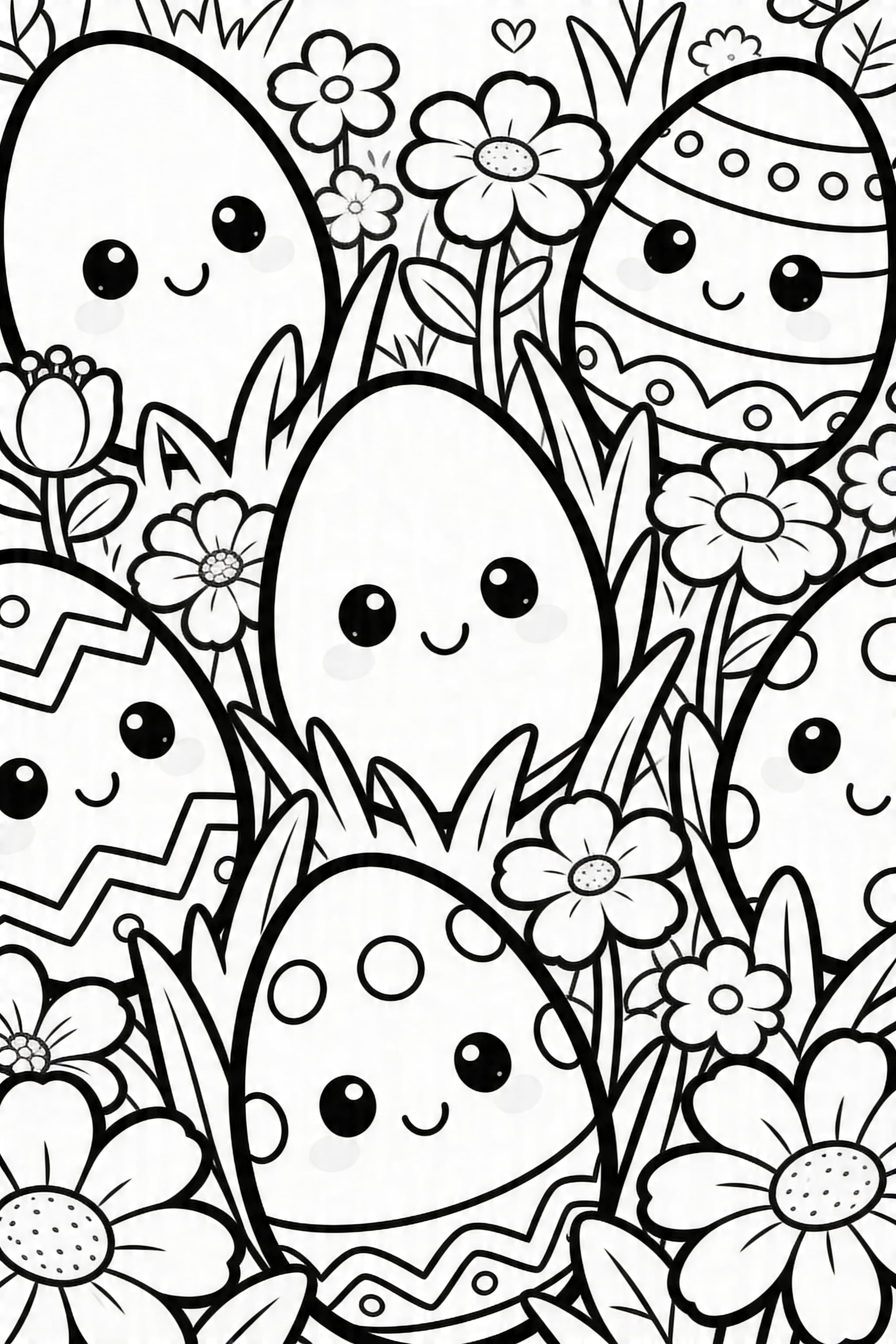 Cute cartoon Easter eggs in a beautiful garden coloring page