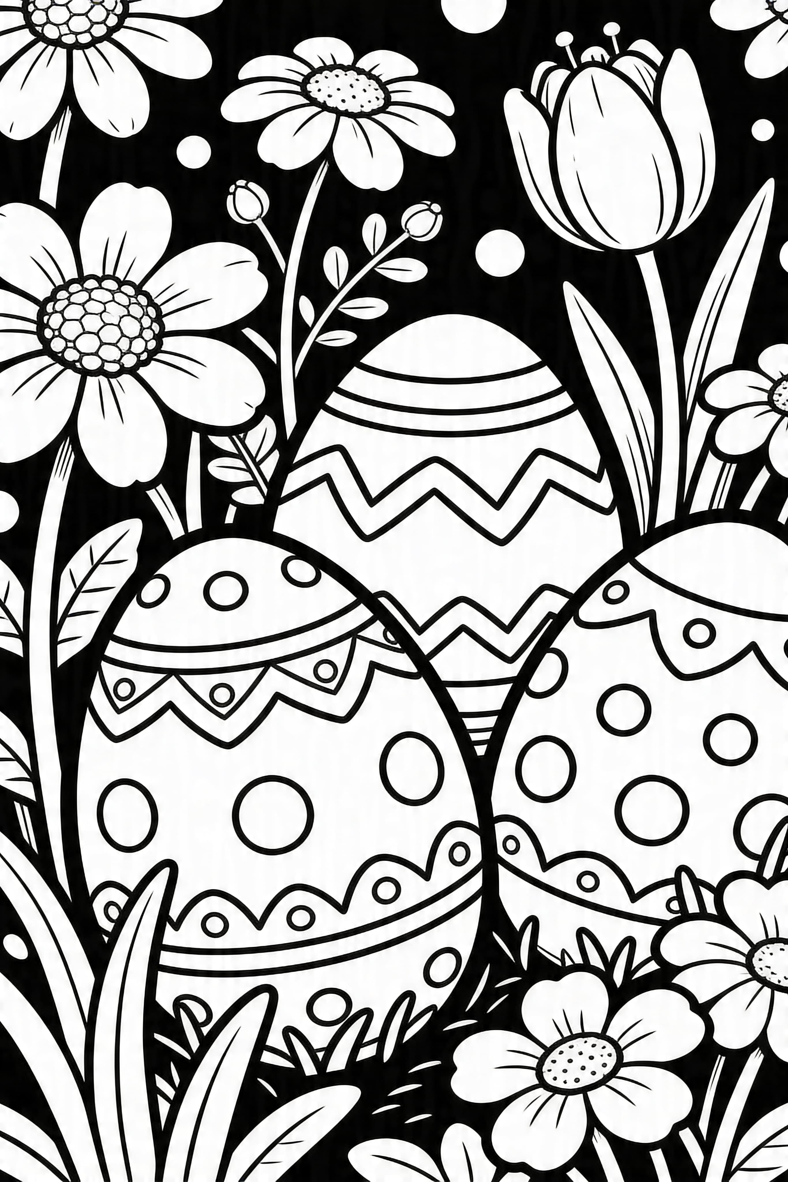 Doodle style Easter eggs nestled in a beautiful garden setting