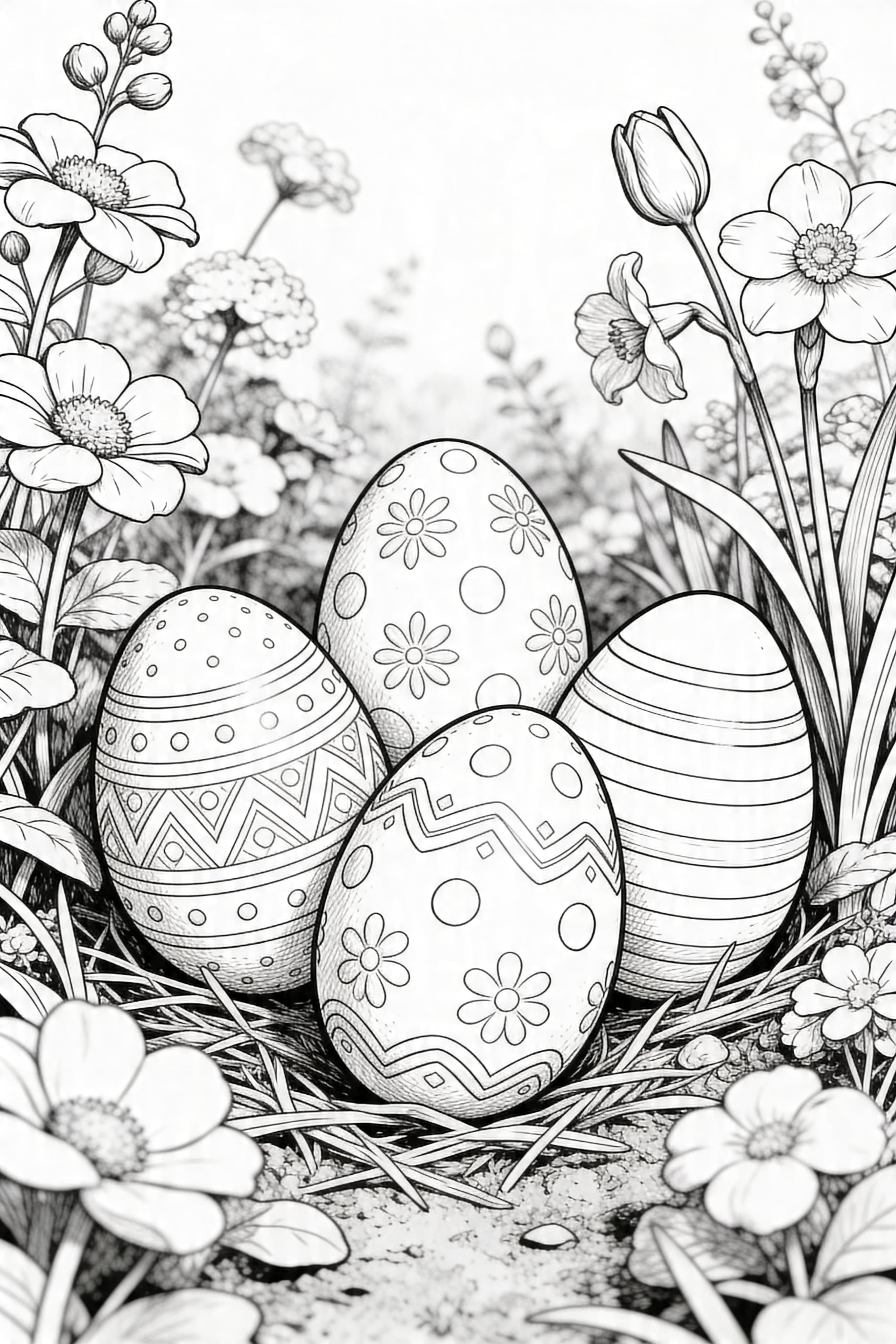 Printable coloring page of realistic Easter eggs in a garden