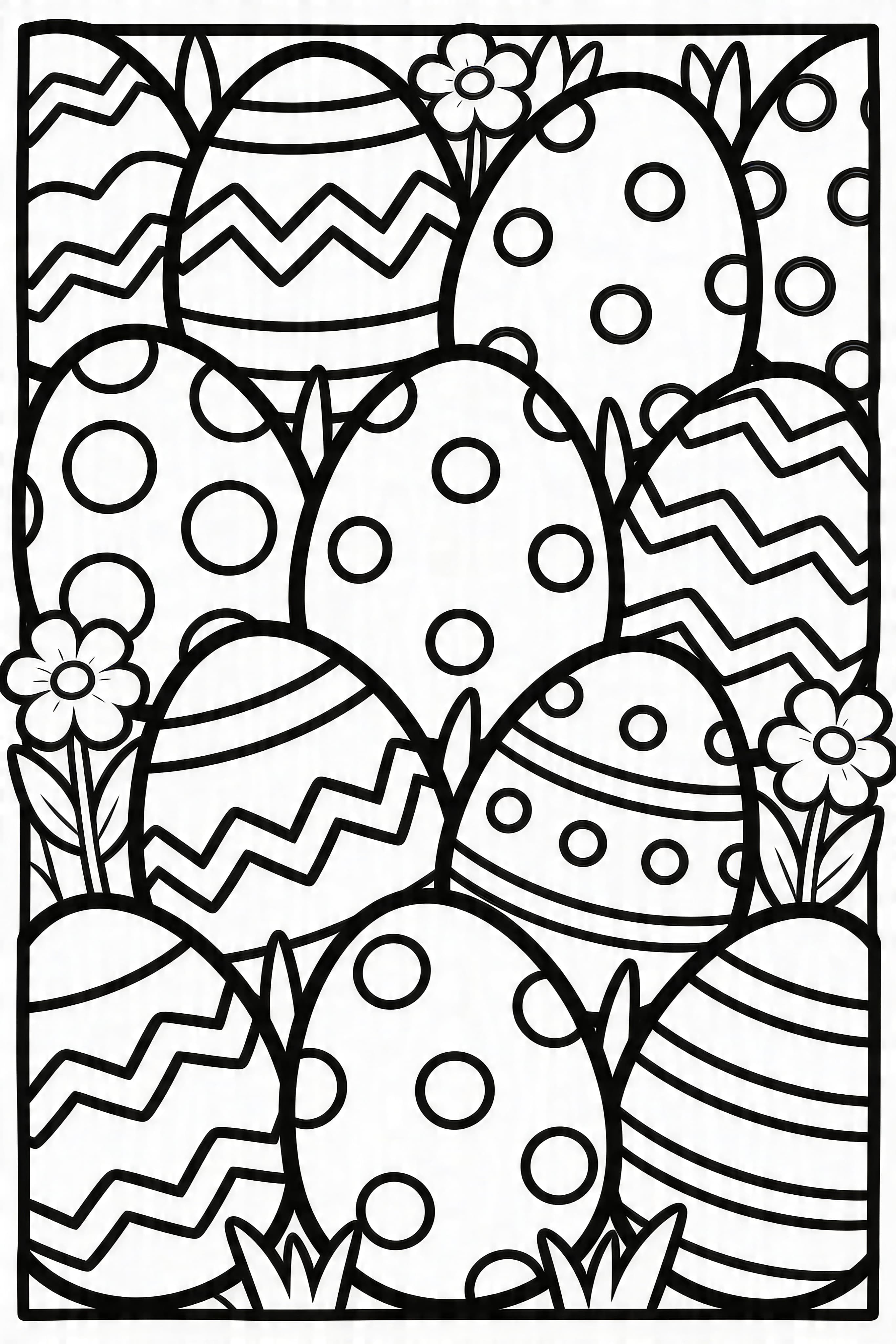Easter eggs in a beautiful garden coloring page for kids