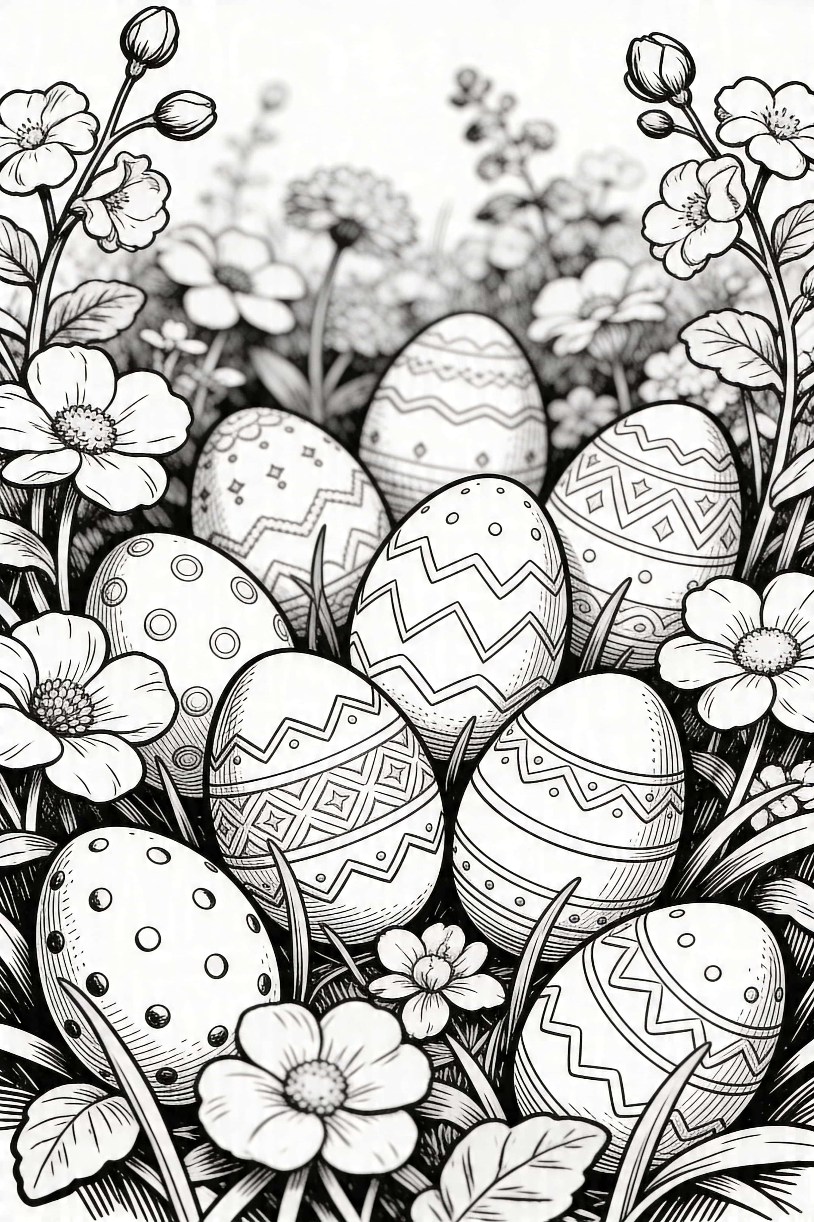 Vintage Easter eggs in a beautiful garden coloring page