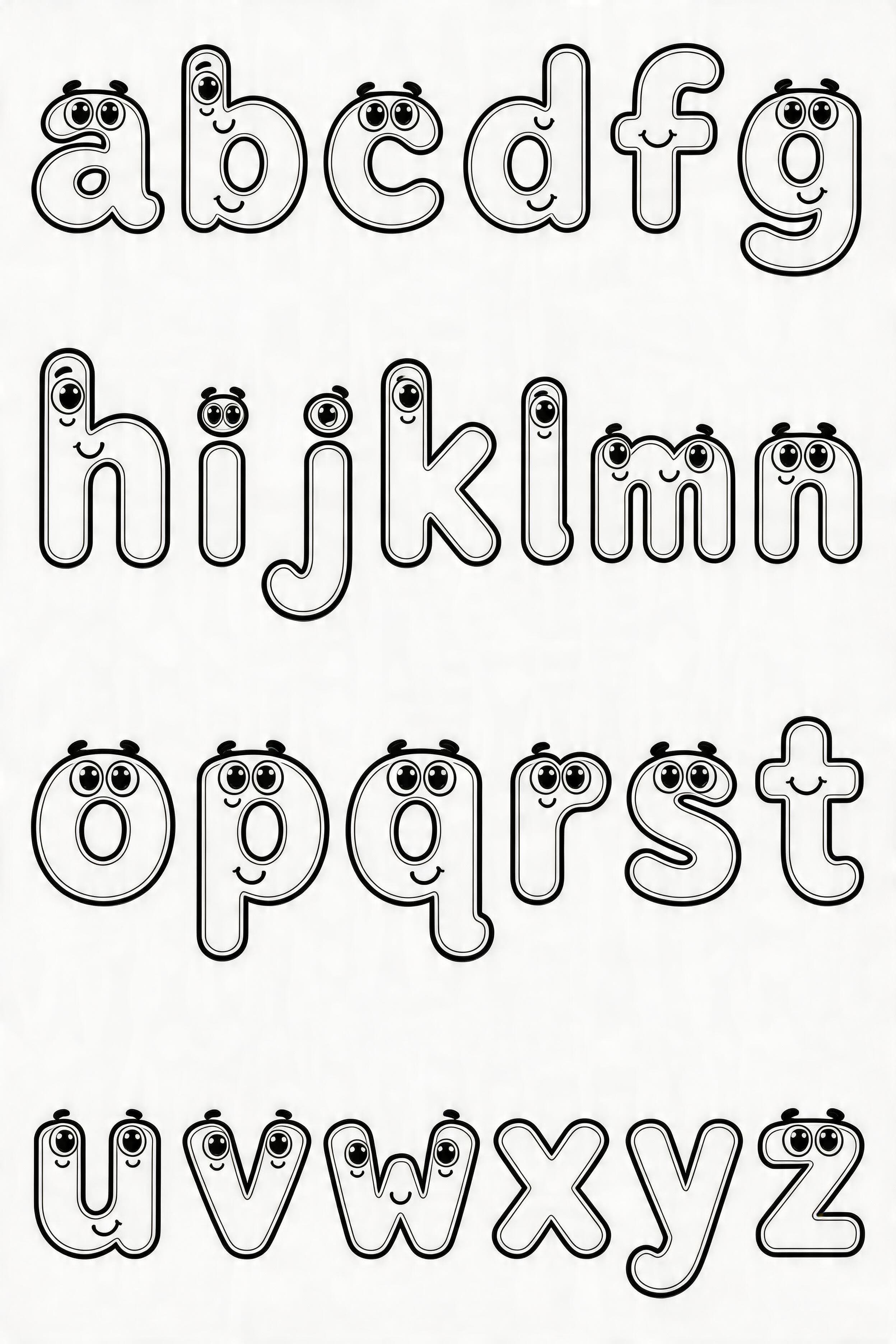 Printable cute cartoon alphabet coloring page with letters A to Z