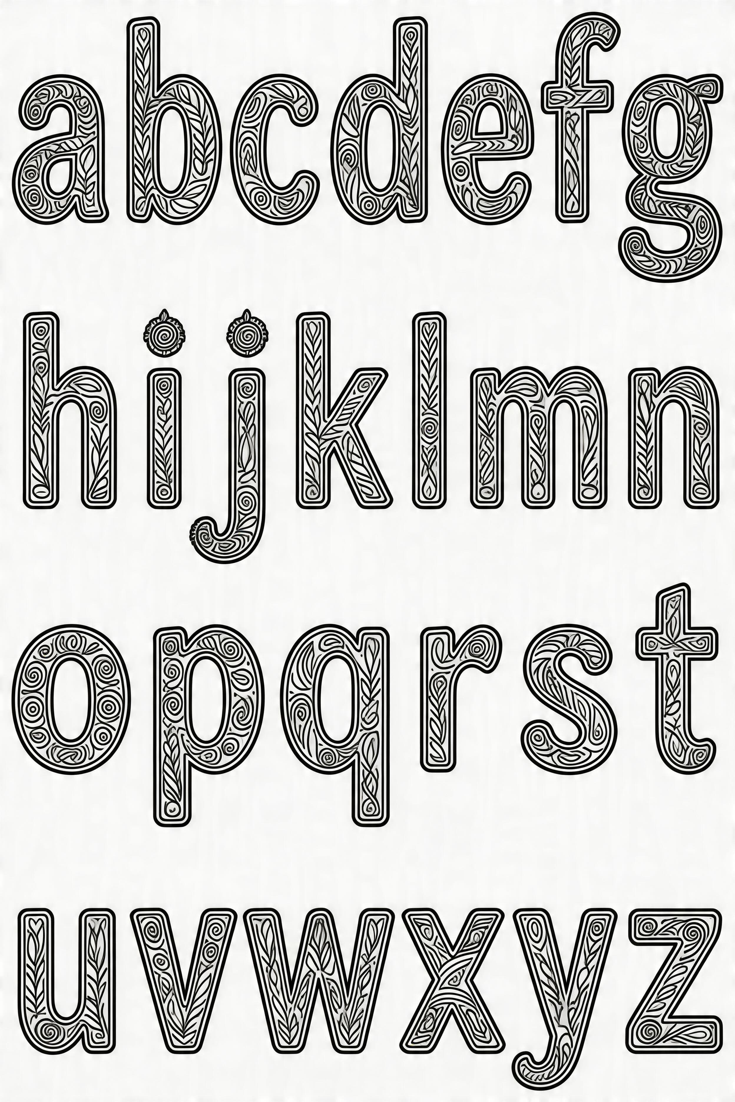 Detailed alphabet coloring page for adults with letters A to Z