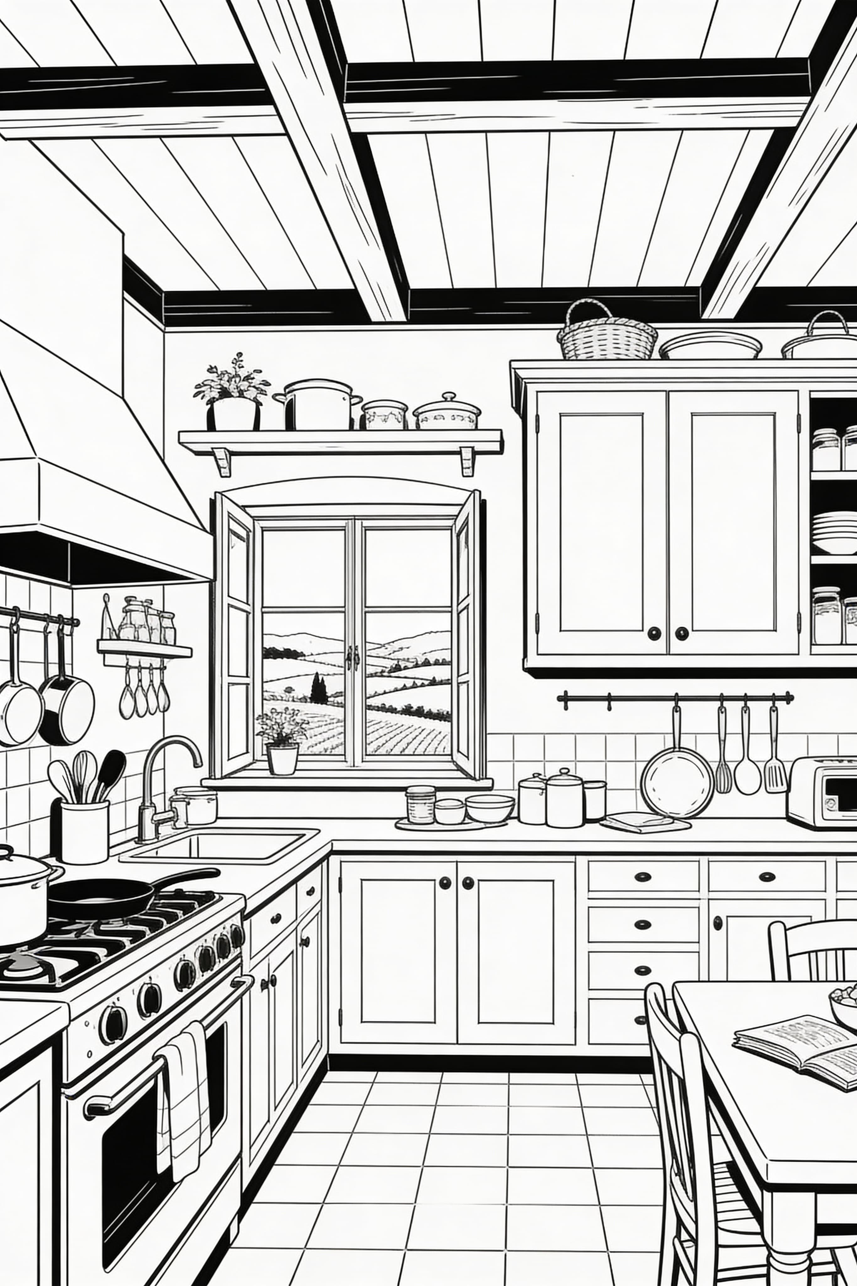 Anime style French countryside kitchen coloring page with culinary details