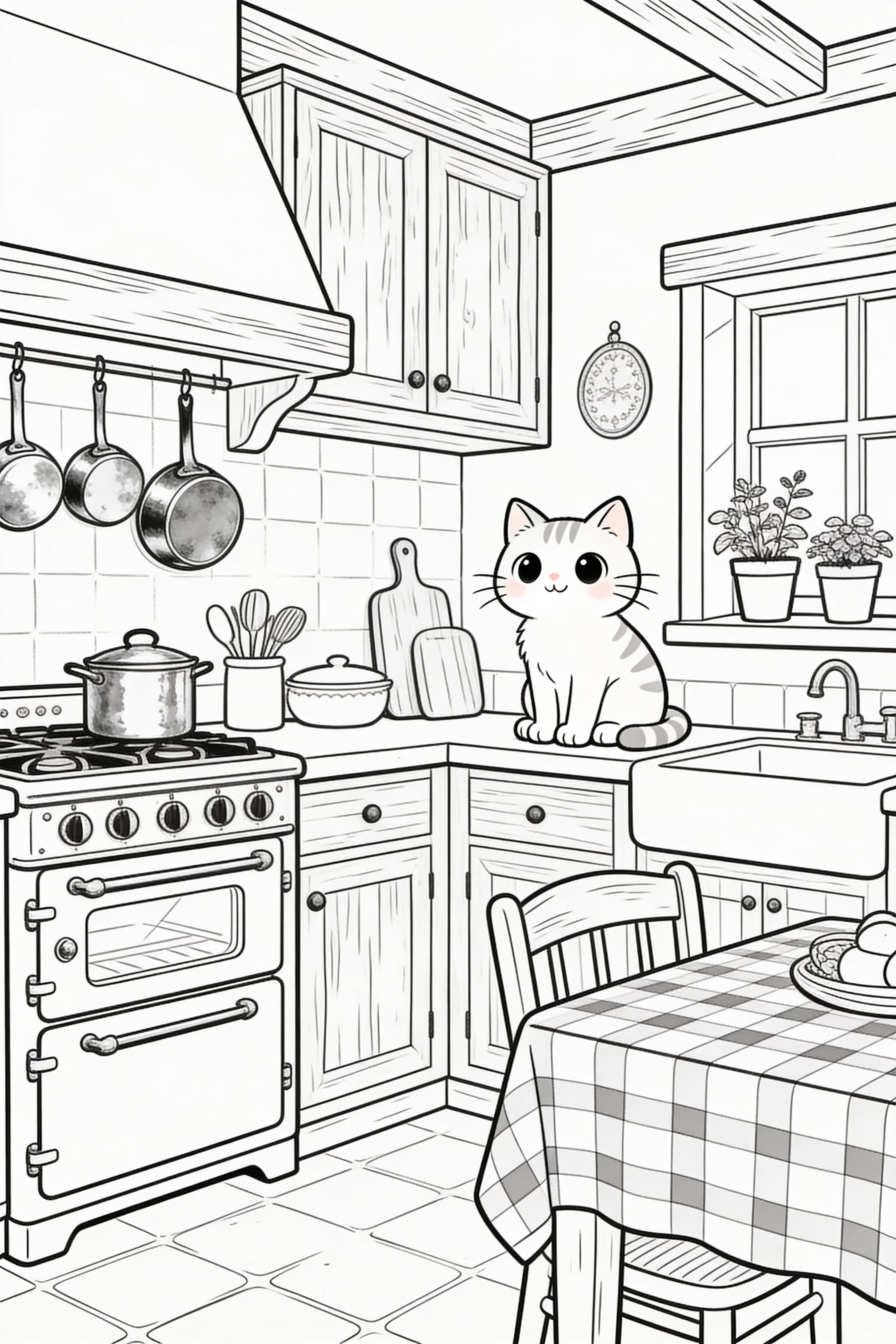 Printable coloring page of a cute cartoon French countryside kitchen